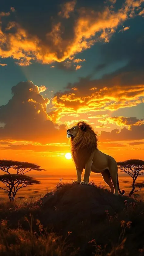 Majestic Lion Standing on Hilltop Iconic Sunset Scene Image