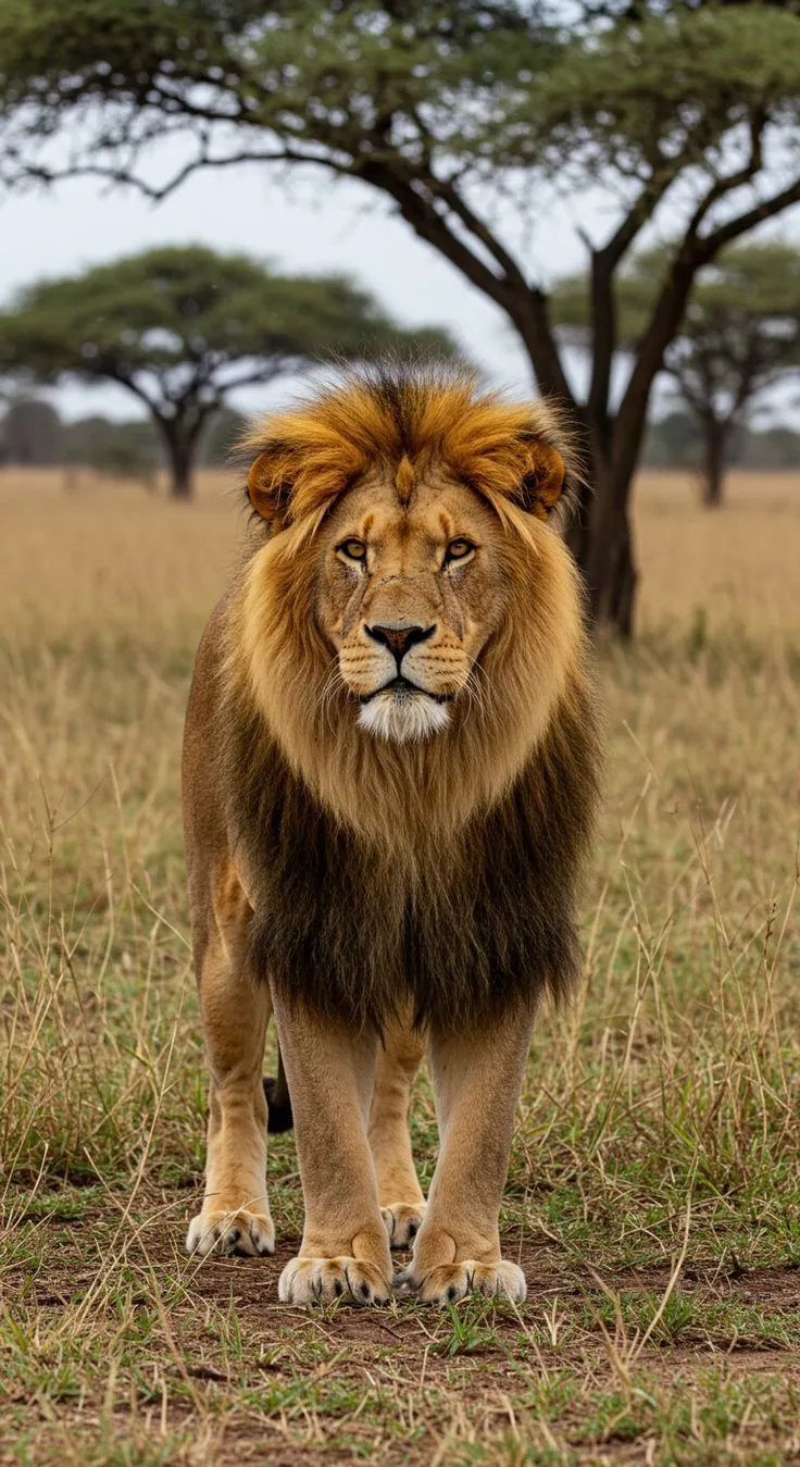 Majestic Lion Standing Proudly in Savanna Portrait Wallpaper
