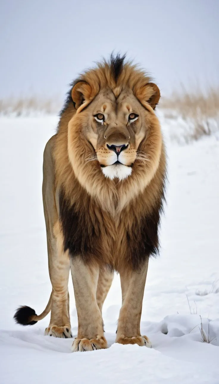 Majestic Male Lion Standing on the Snow Wildlife Wallpaper