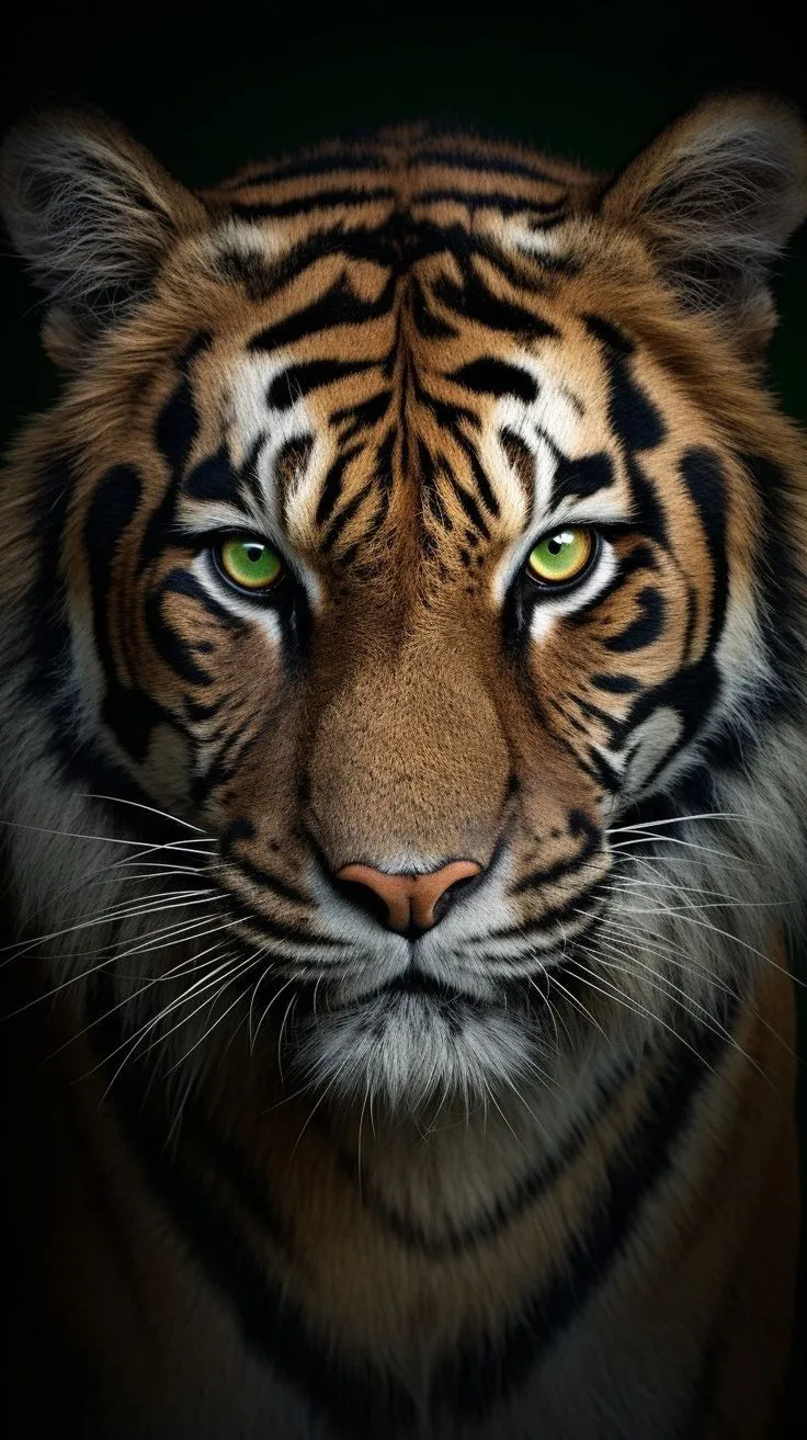 Majestic Tiger Staring Intensely in Dark Forest Wallpaper