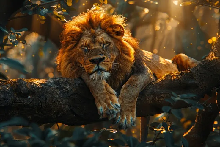 Male Lion Sleeping on the Tree Branch Free HD Wallpaper