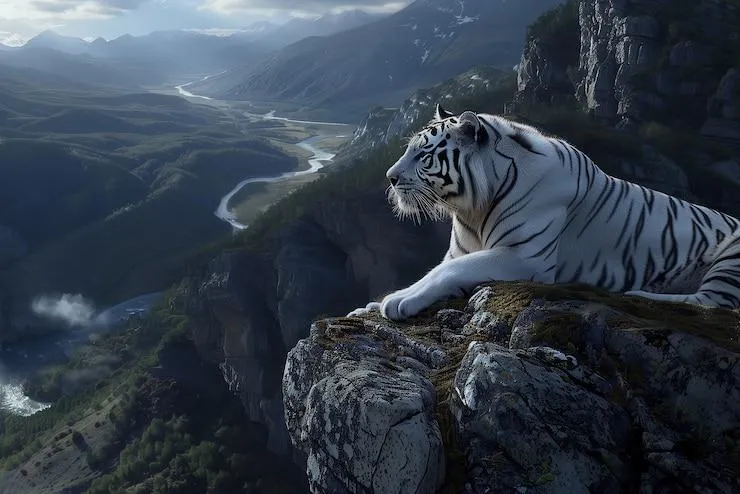 Rare Image Of A White Tiger Sitting At The Top Of A Mountain