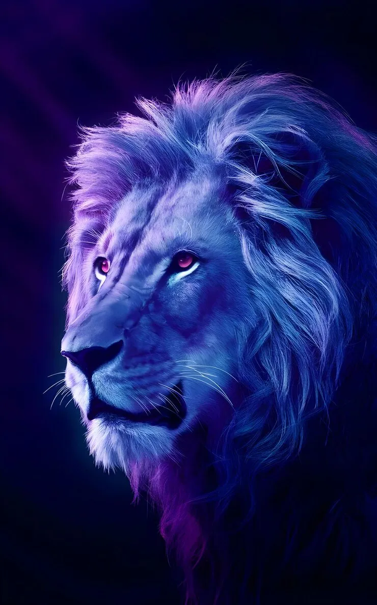 Side View of Lion Face Artwork with Blue Light Wallpaper