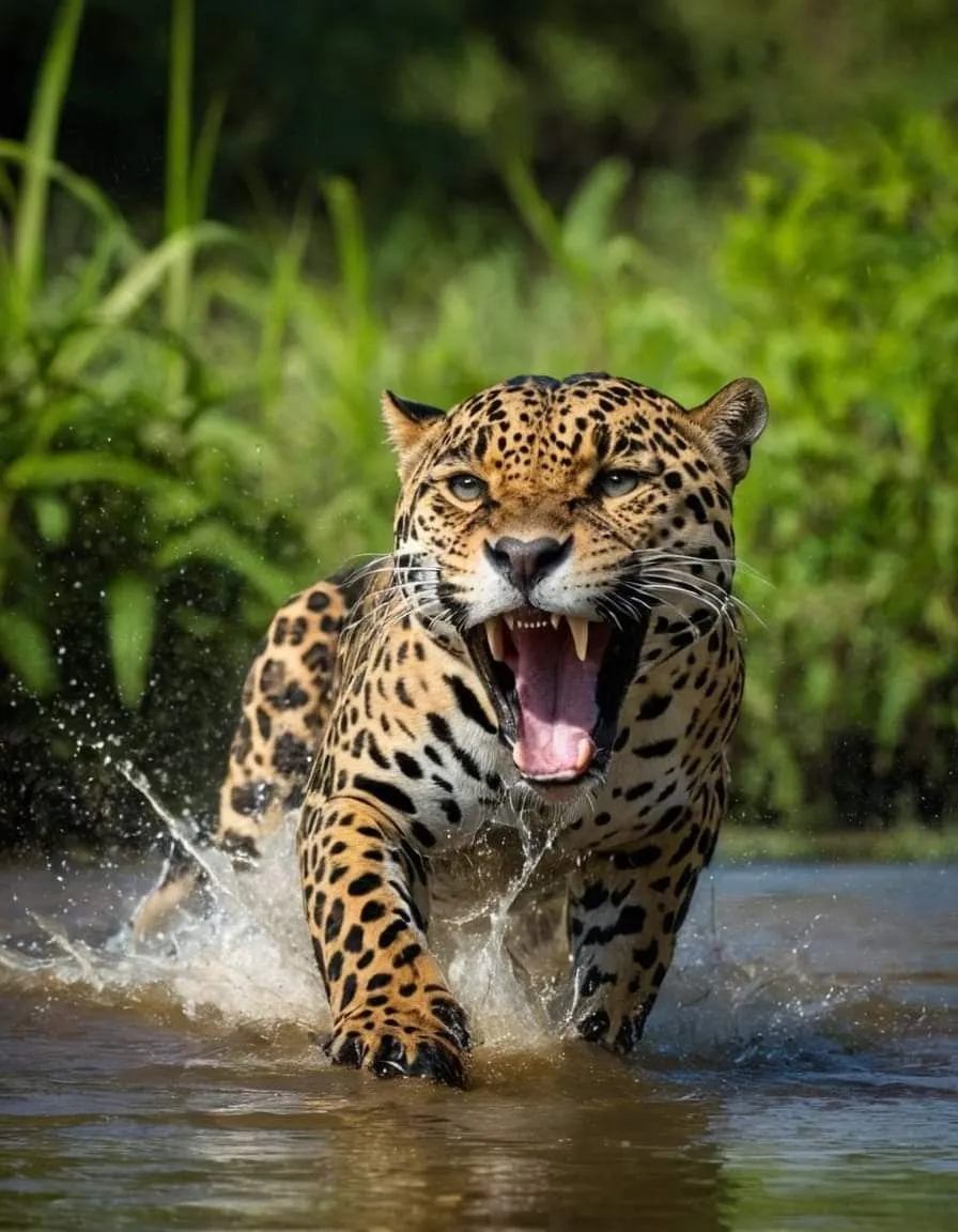 Leopard Splashing Through the Jungle River HD Wallpaper