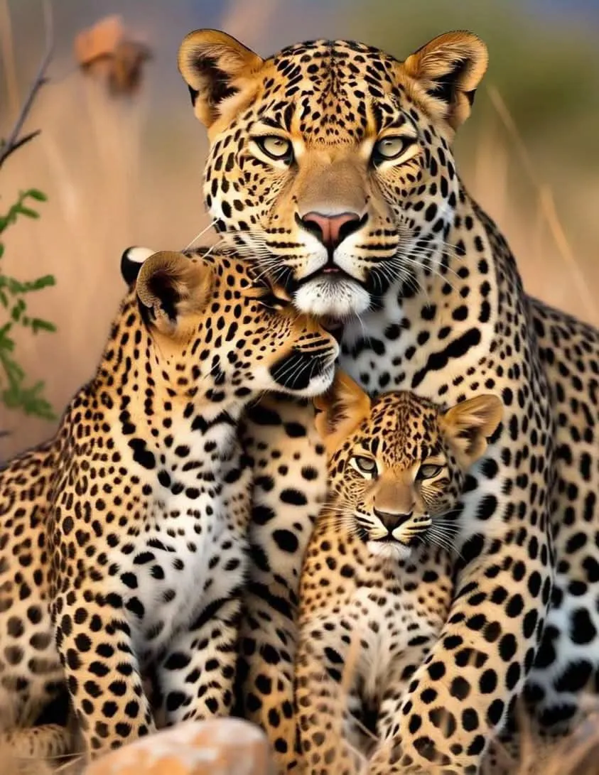 Three Leopards Cuddling Close Showing Affection and Warmth