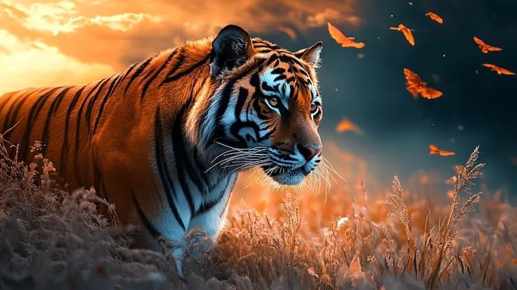 Tiger Watching Intensely With Beautiful Sunset Wallpaper