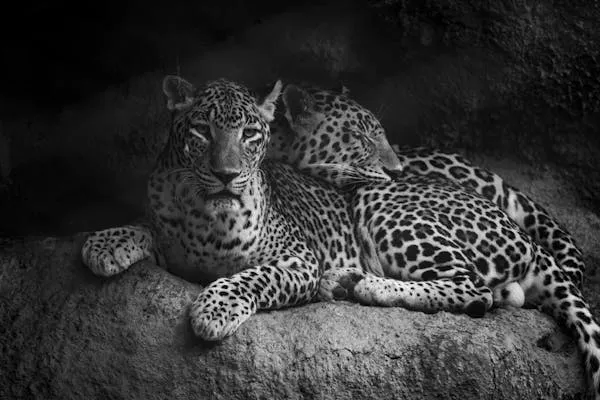 Two Leopards Resting in Cave Black and White Wallpaper
