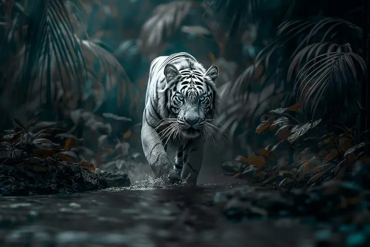 White Tiger Midnight Walk Aggressive 4K Wallpaper Free Download