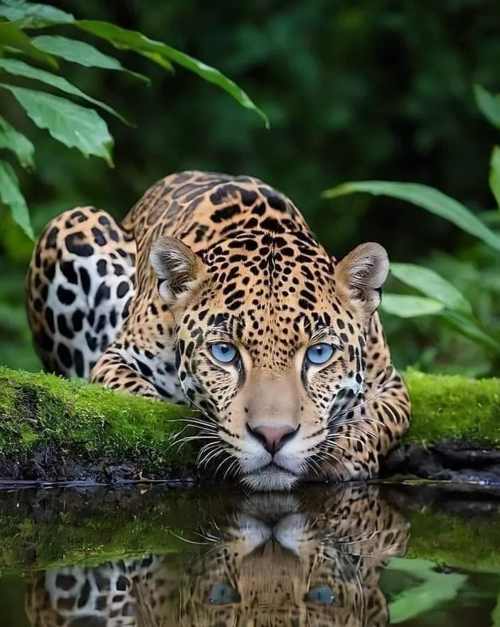 Wild Leopard Lying By Water and Watching its Reflection