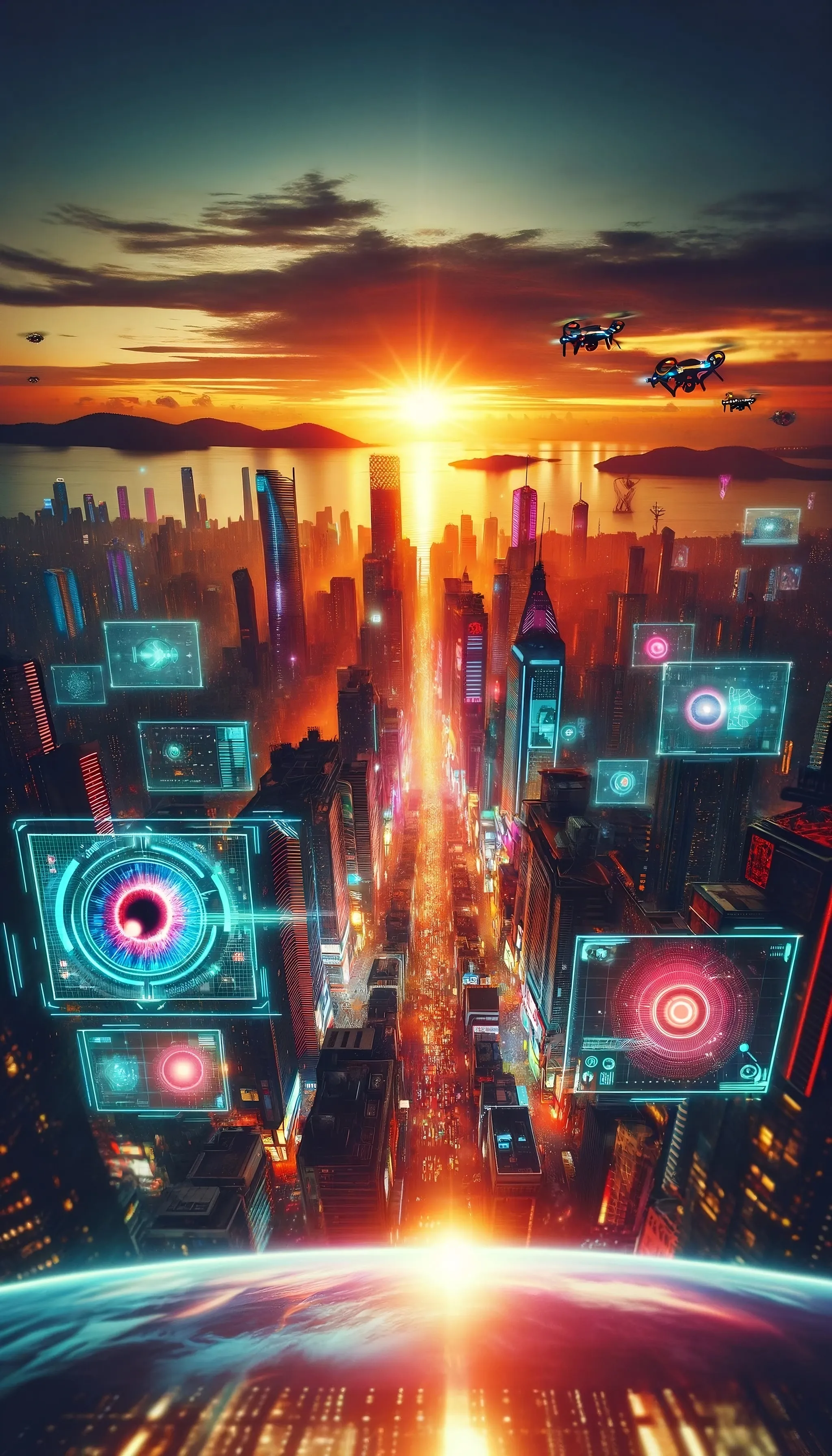 Wallpaper of advanced technology city with beautiful sunset