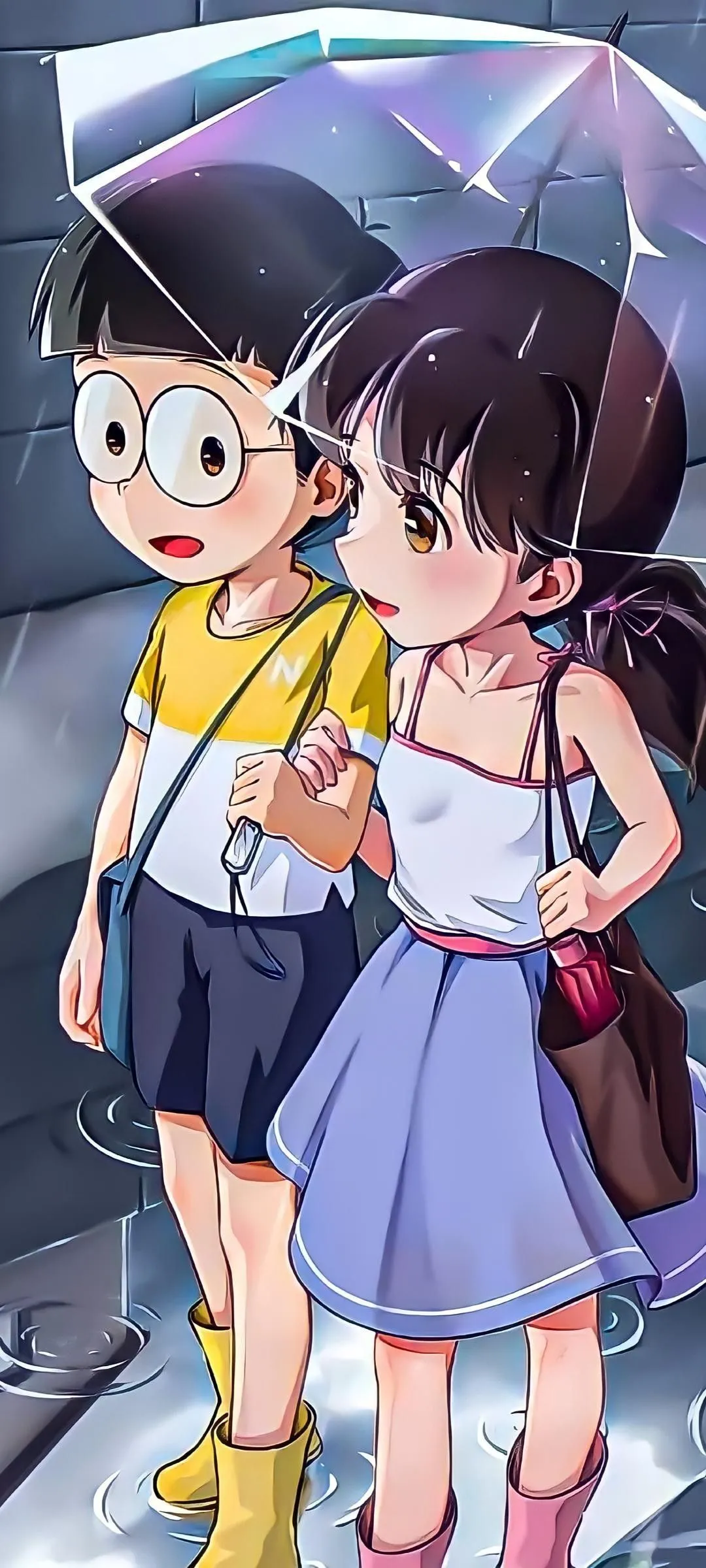 Anime Boy and Girl Sharing Umbrella in Rainy Street Scene HD