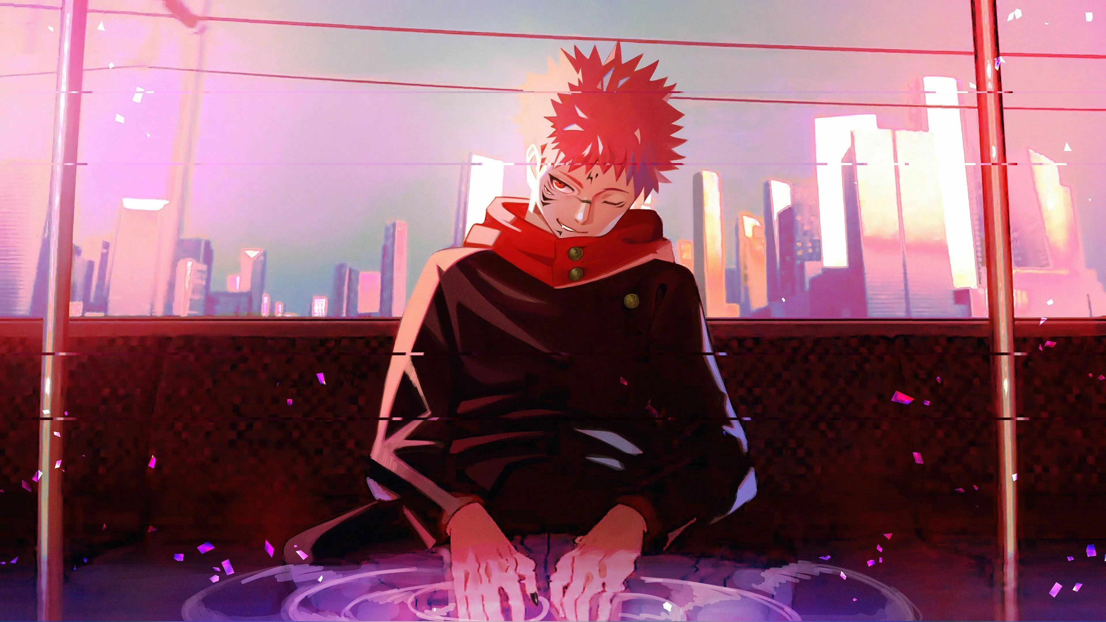 Anime Boy Standing in Neon Pink Cityscape At Night