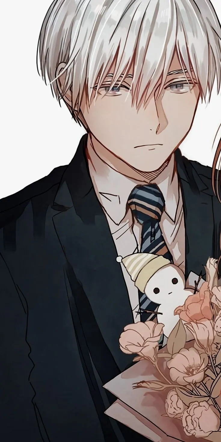 An anime boy with a Black suit holding bouquet wallpaper