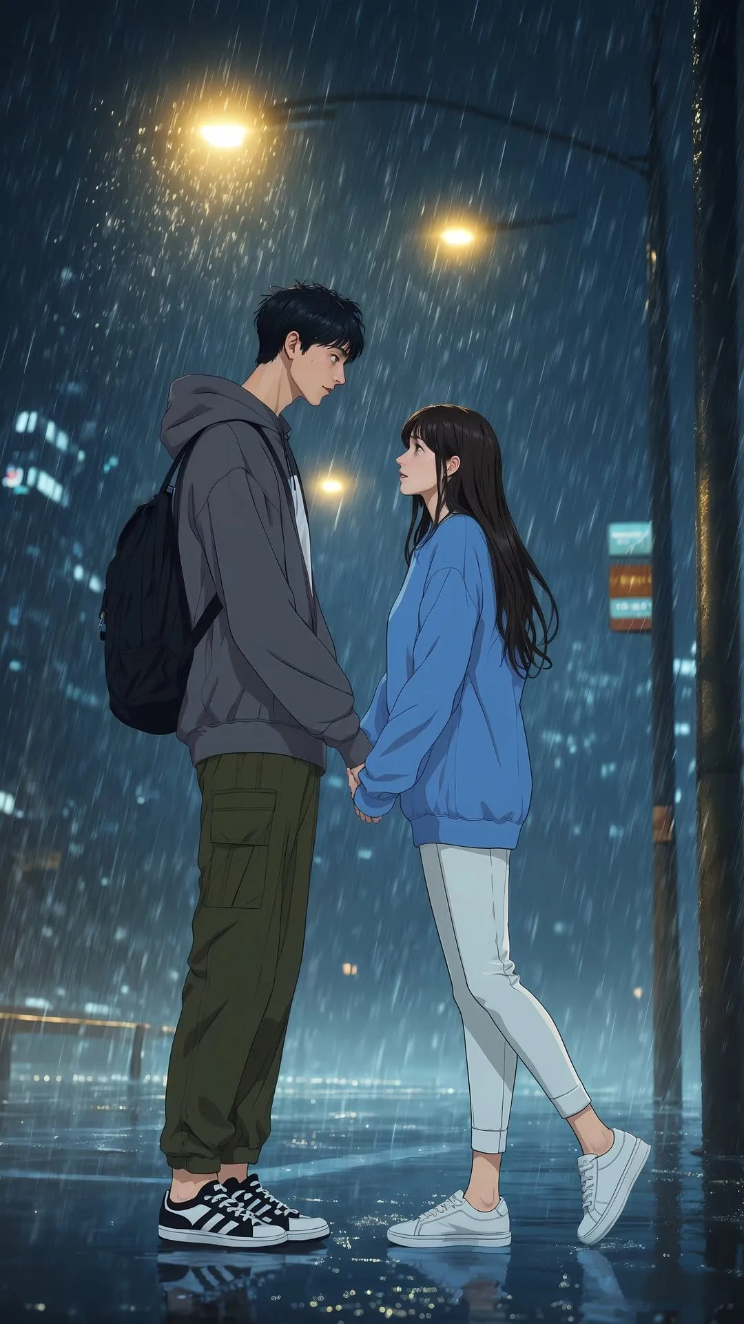 Anime cute couple holding their hands in rain hd wallpaper