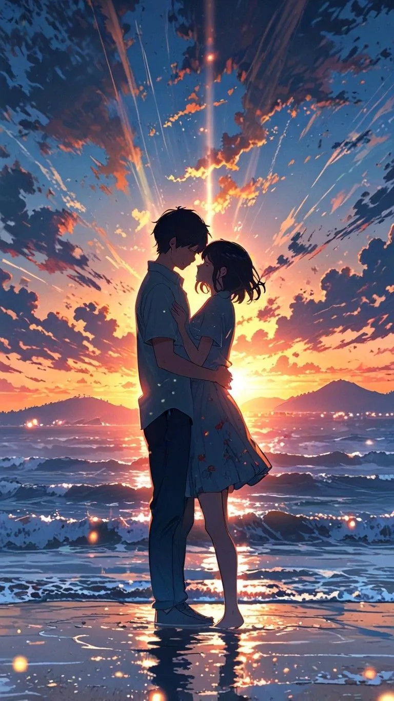 Anime couple hugging in beautiful sunset wallpaper for free