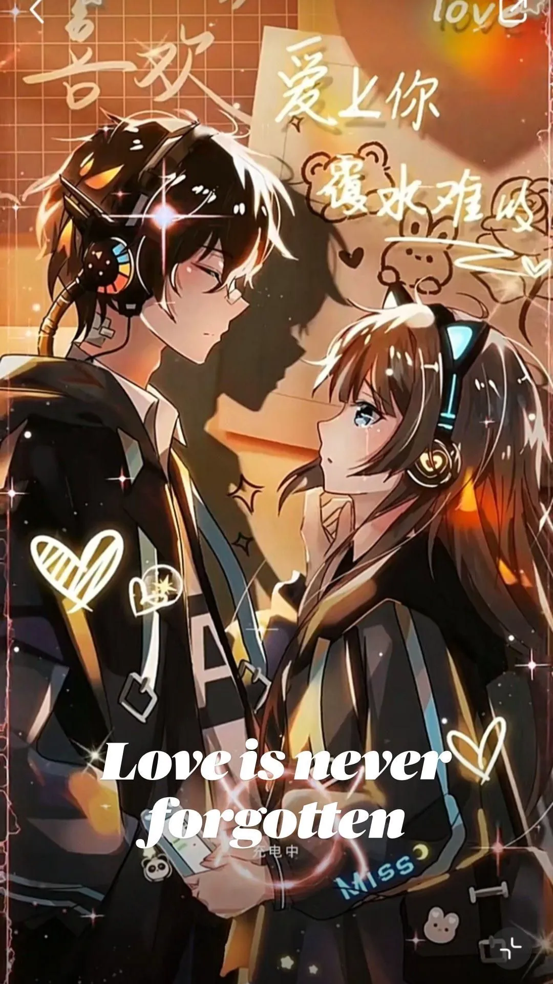 Anime couple listening music with love HD Wallpaper for free