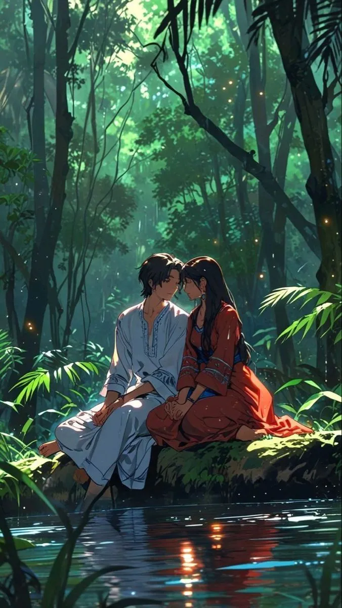 Anime couples sitting together near the river around nature