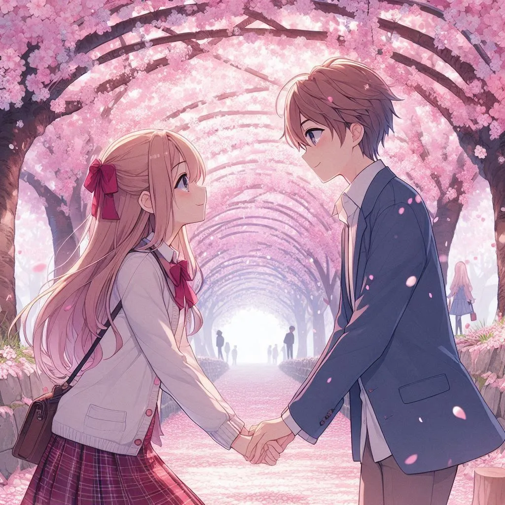 Anime Couple Under Cherry Blossoms Hd Wallpaper