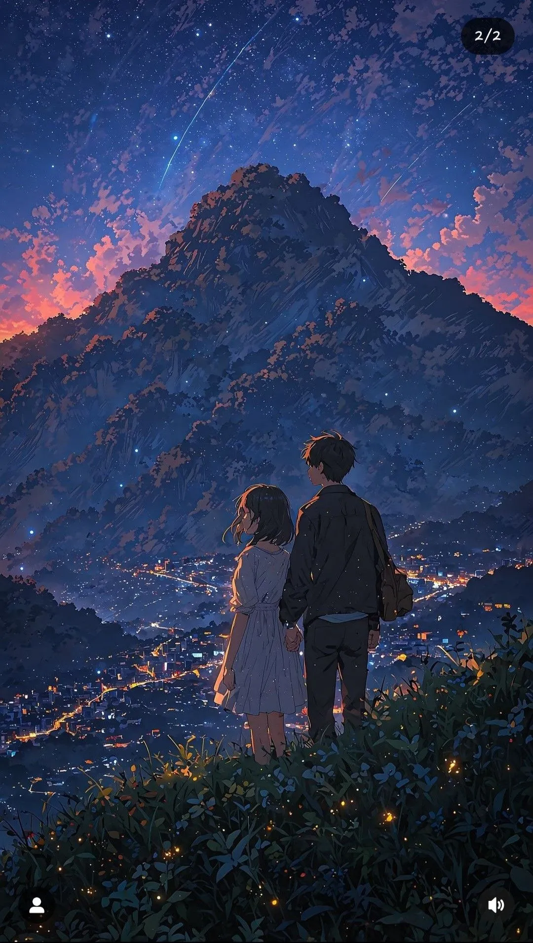 Anime couple enjoying beauty of town from the mountain