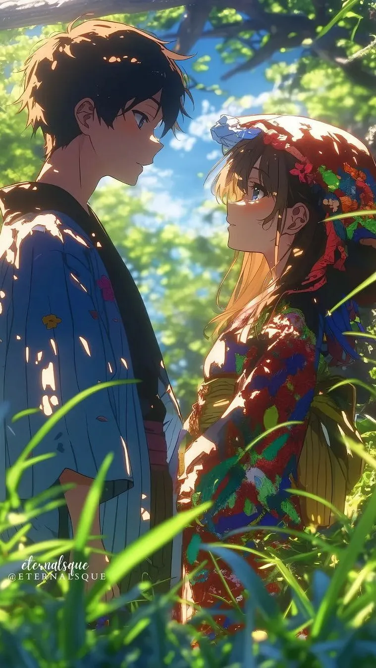 Anime couples in park and looking each other with live image