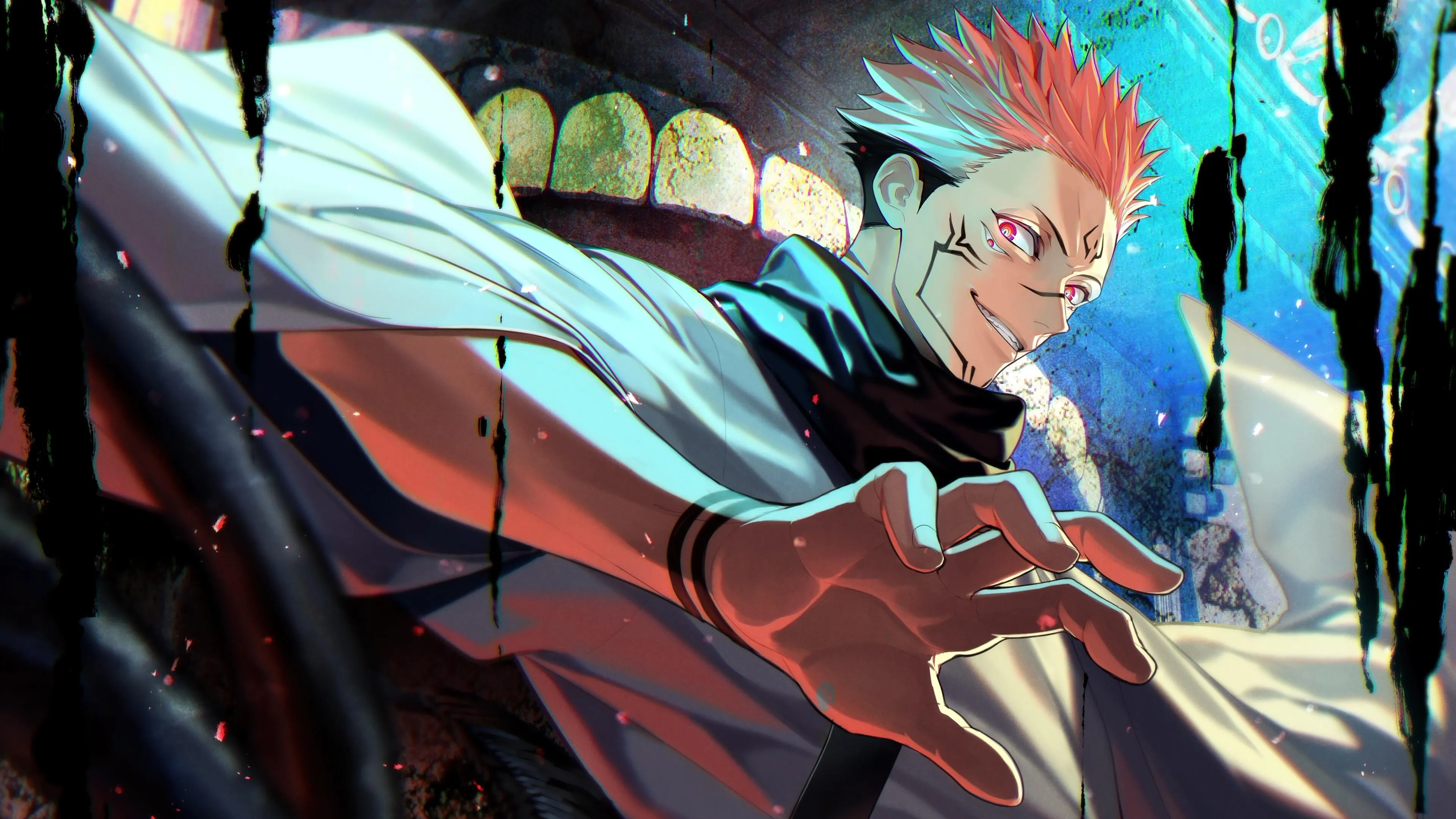 Anime Fighter Preparing to Attack with Blue Lightning