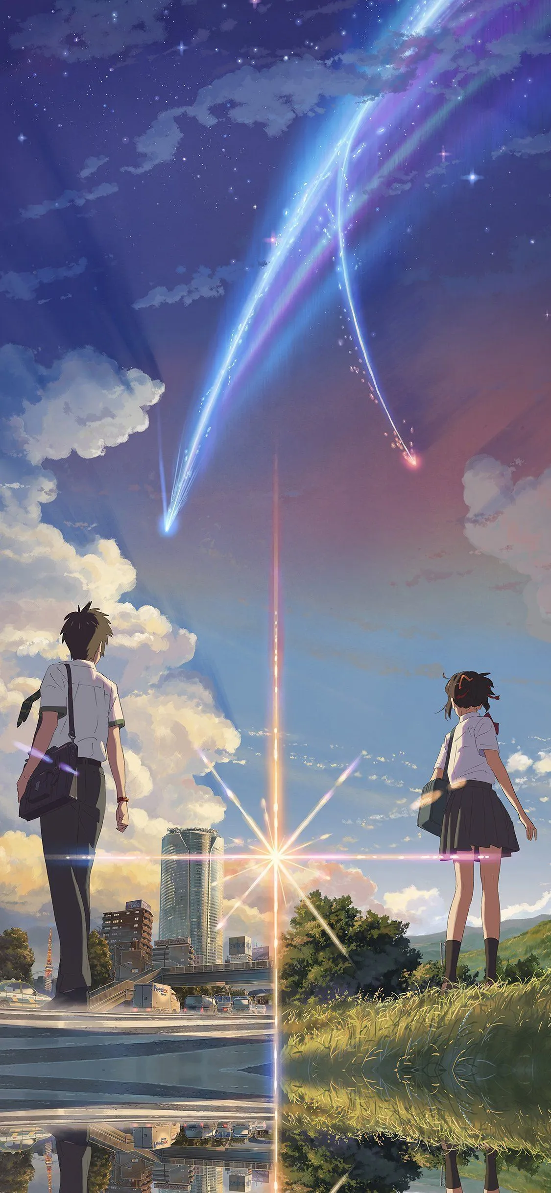 Anime girl and boy watching shooting star in road HD image