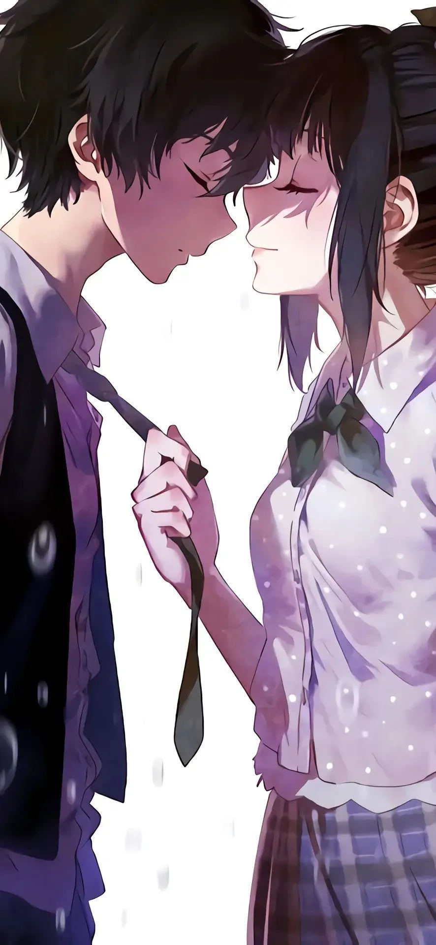 Anime girl holding boy tie with cute expression HD Wallpaper