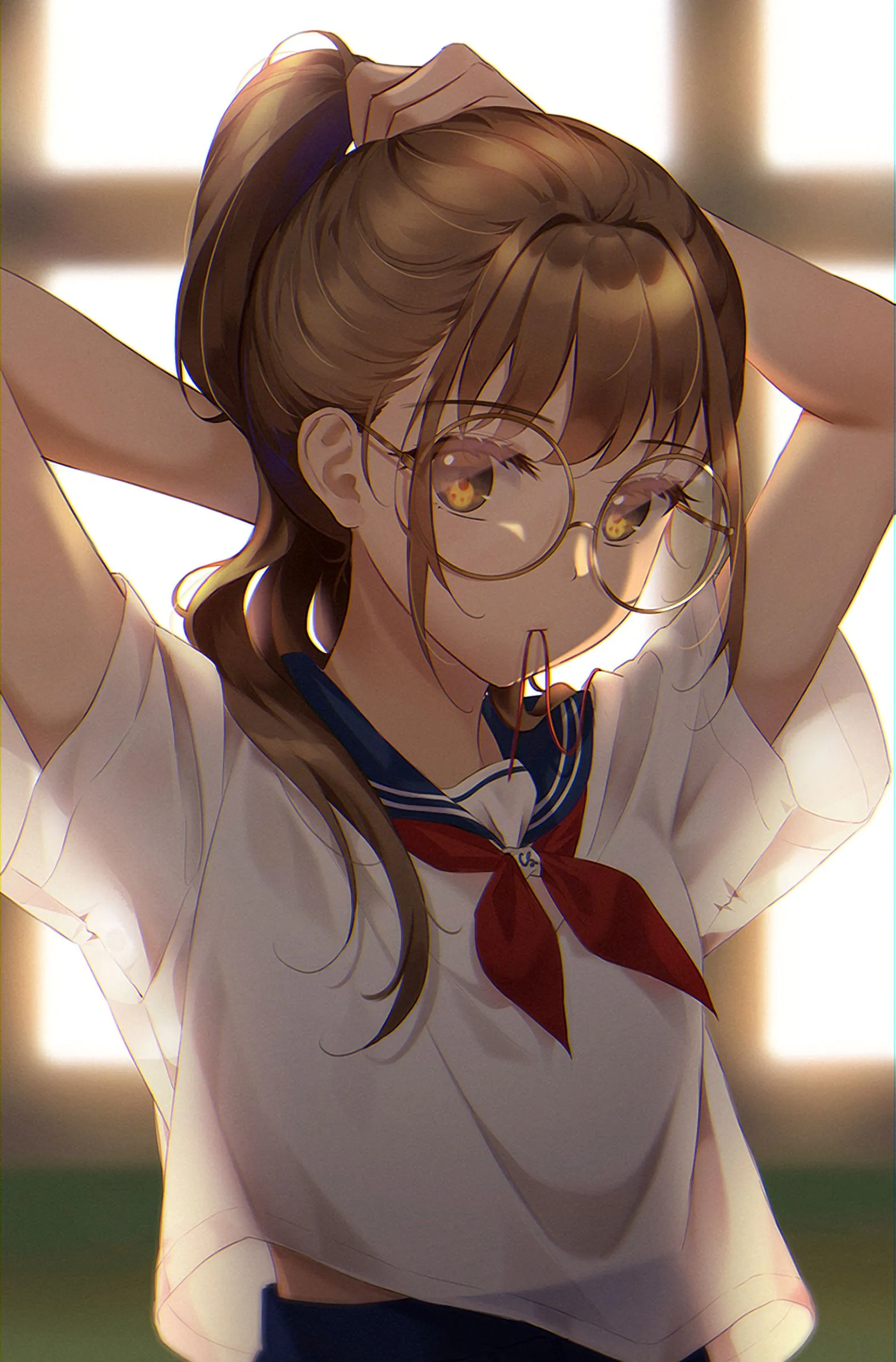 Anime Girl in School Uniform with Glasses HD Wallpaper