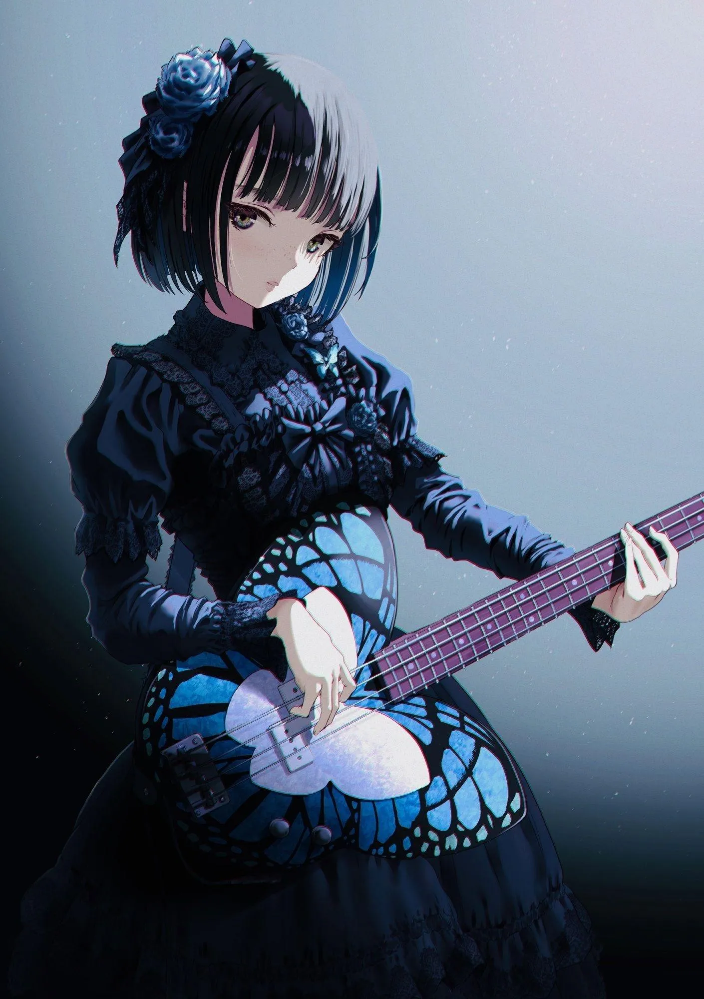 Anime Girl Playing Electric Guitar in Dark Setting
