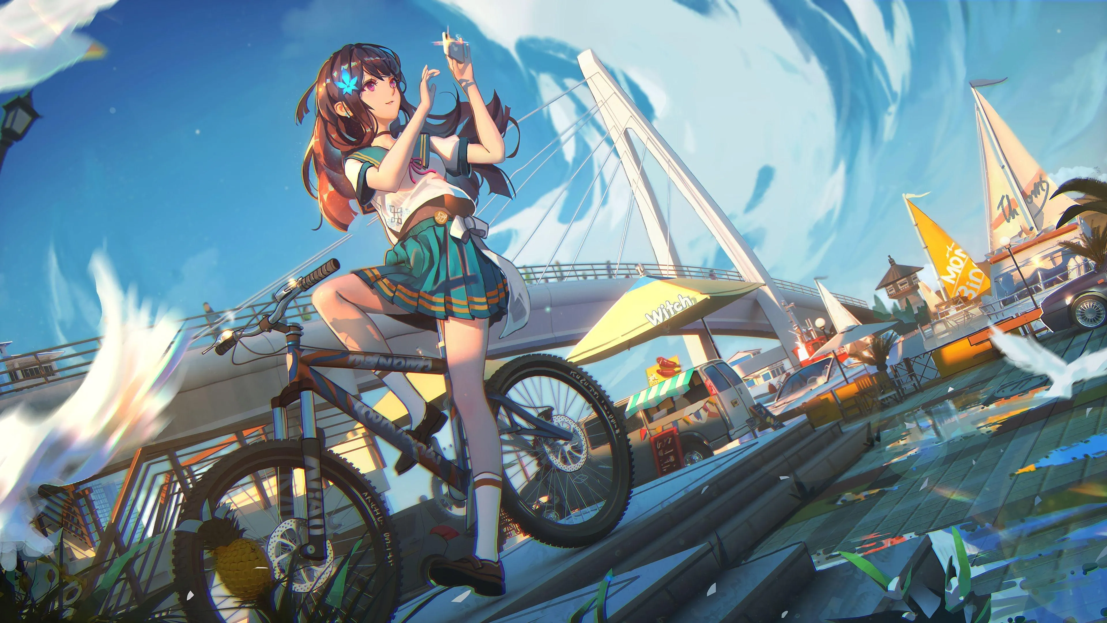 Anime Girl Riding Motorcycle on Sunny Coastal Road