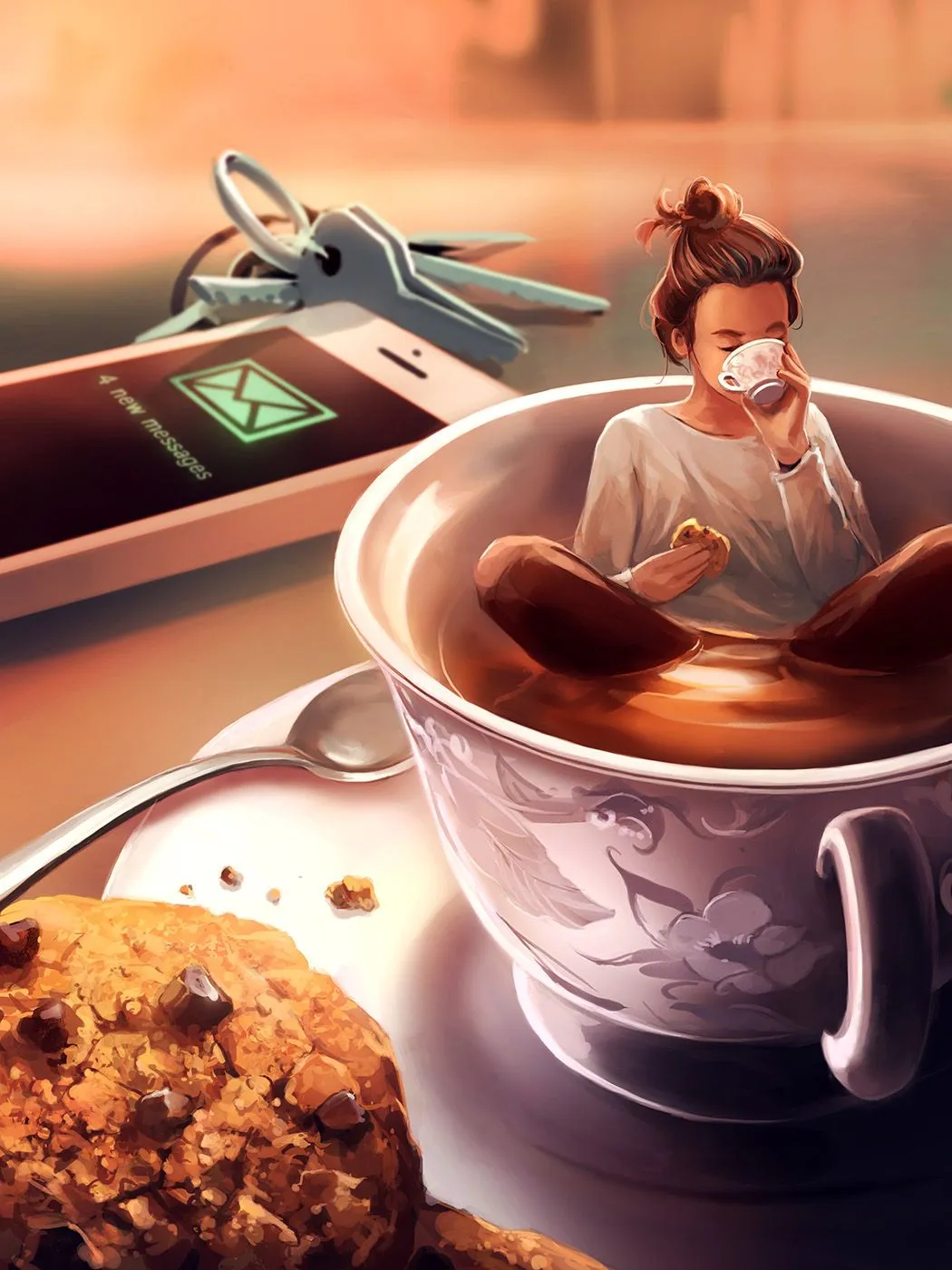 Anime girl sitting in coffee cup with cookies funny image