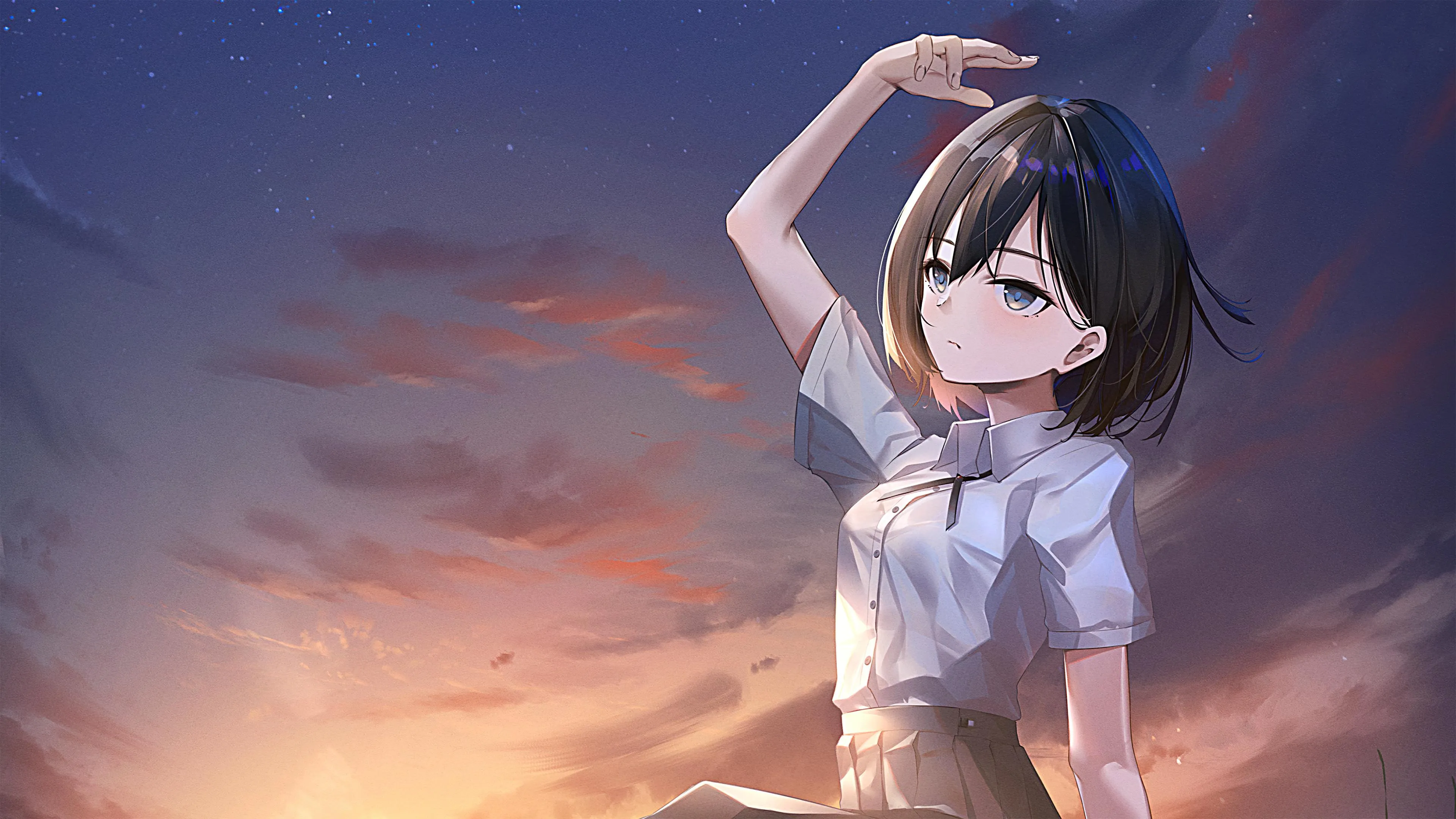 Anime Girl Standing Alone in Soft Sunset Lighting Wallpaper