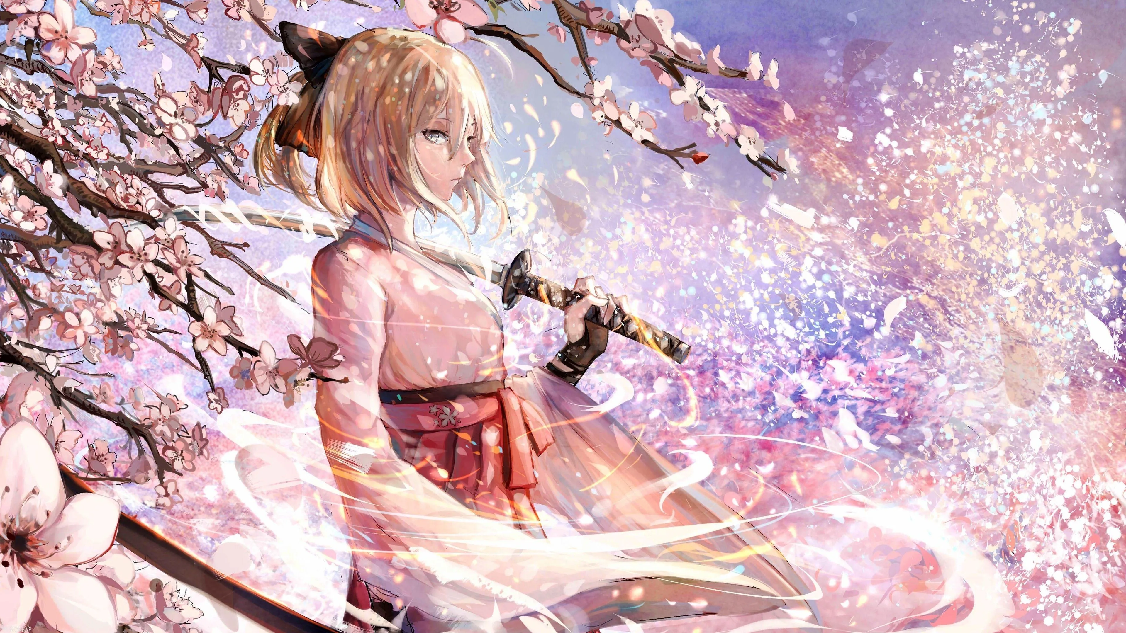 Anime Girl Surrounded By Cherry Blossoms in Pink Dress