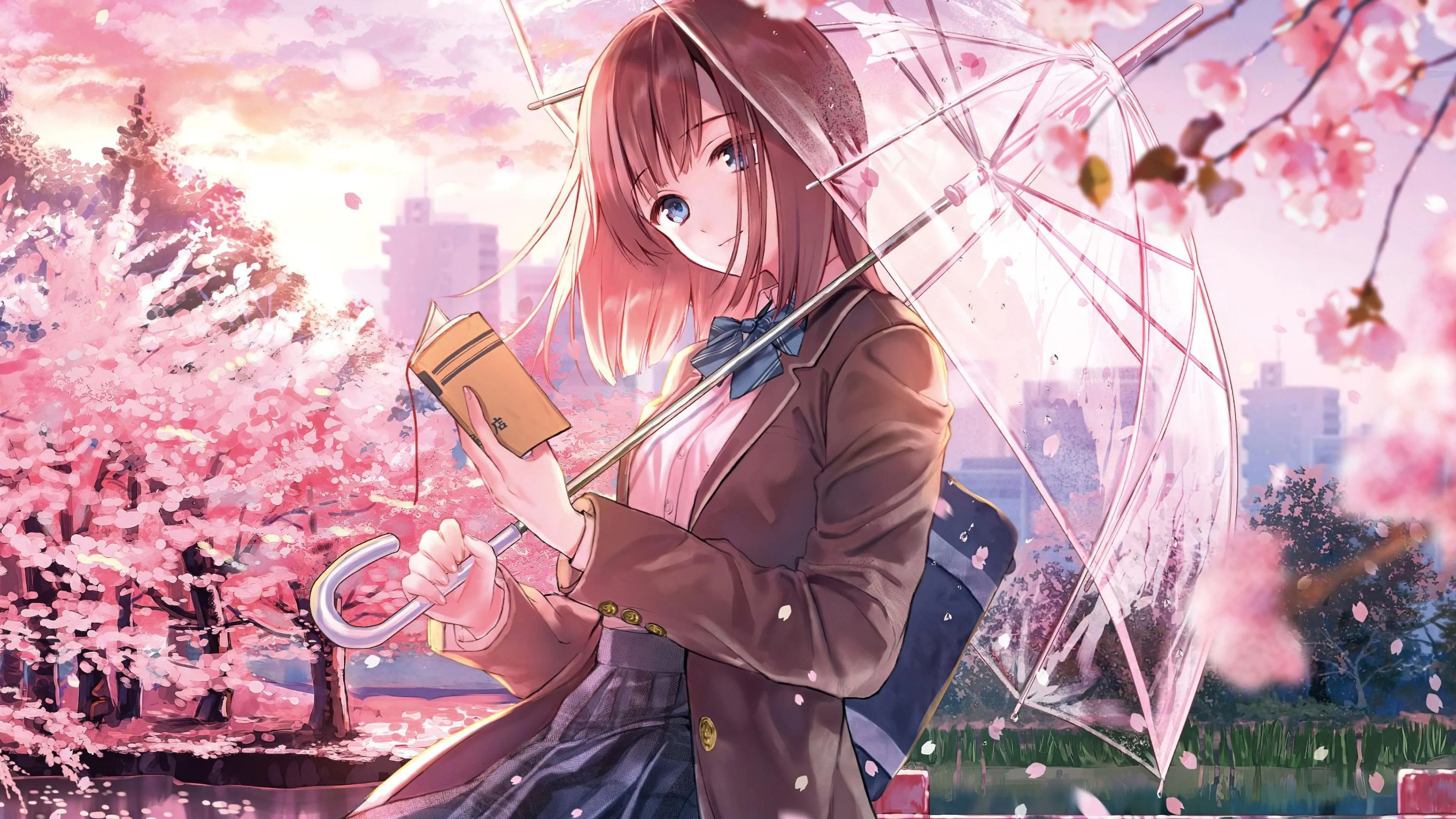 Anime Girl Walking in Cherry Blossom Park Wallpaper