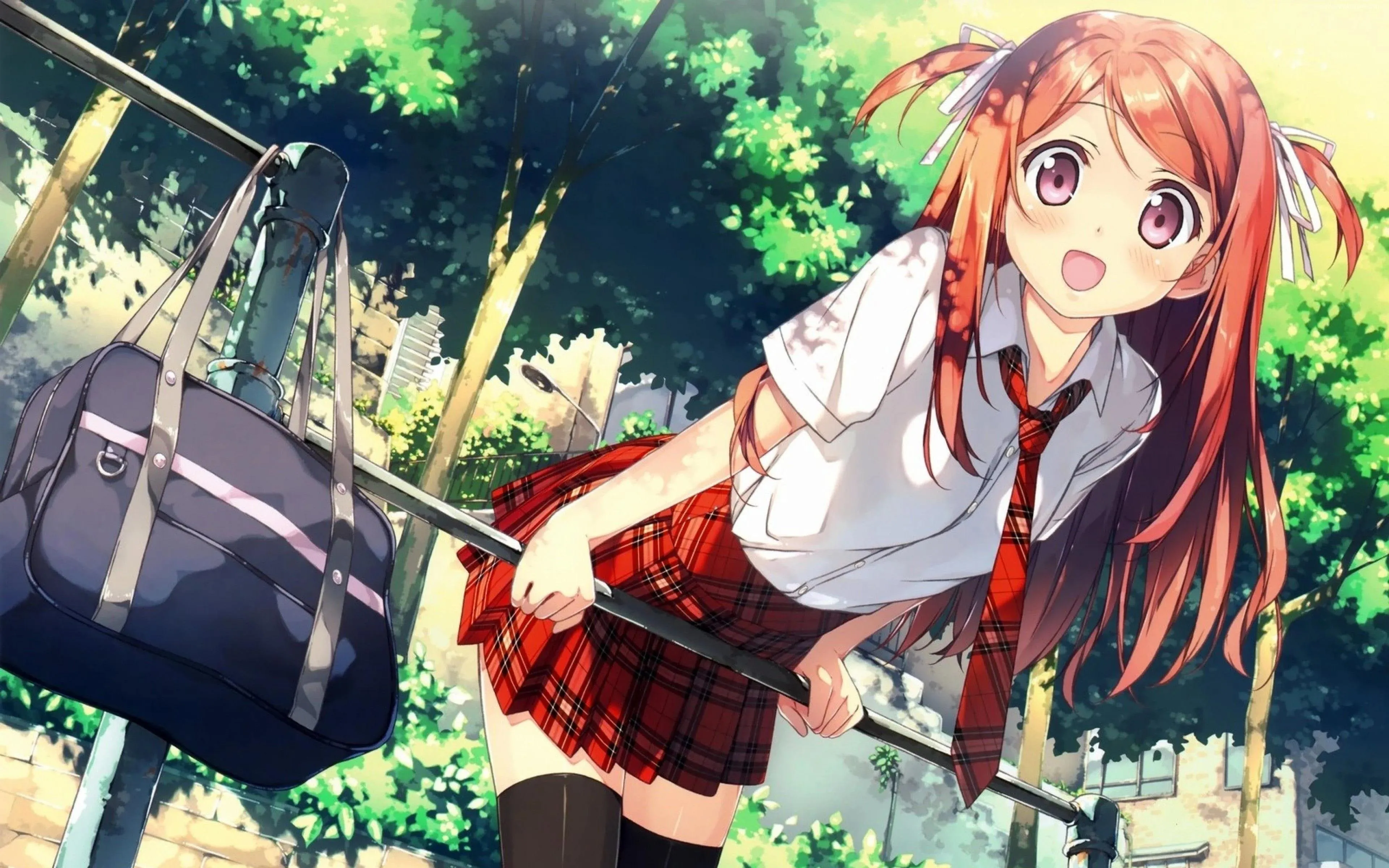 Anime Girl Walking in School Uniform Through Garden