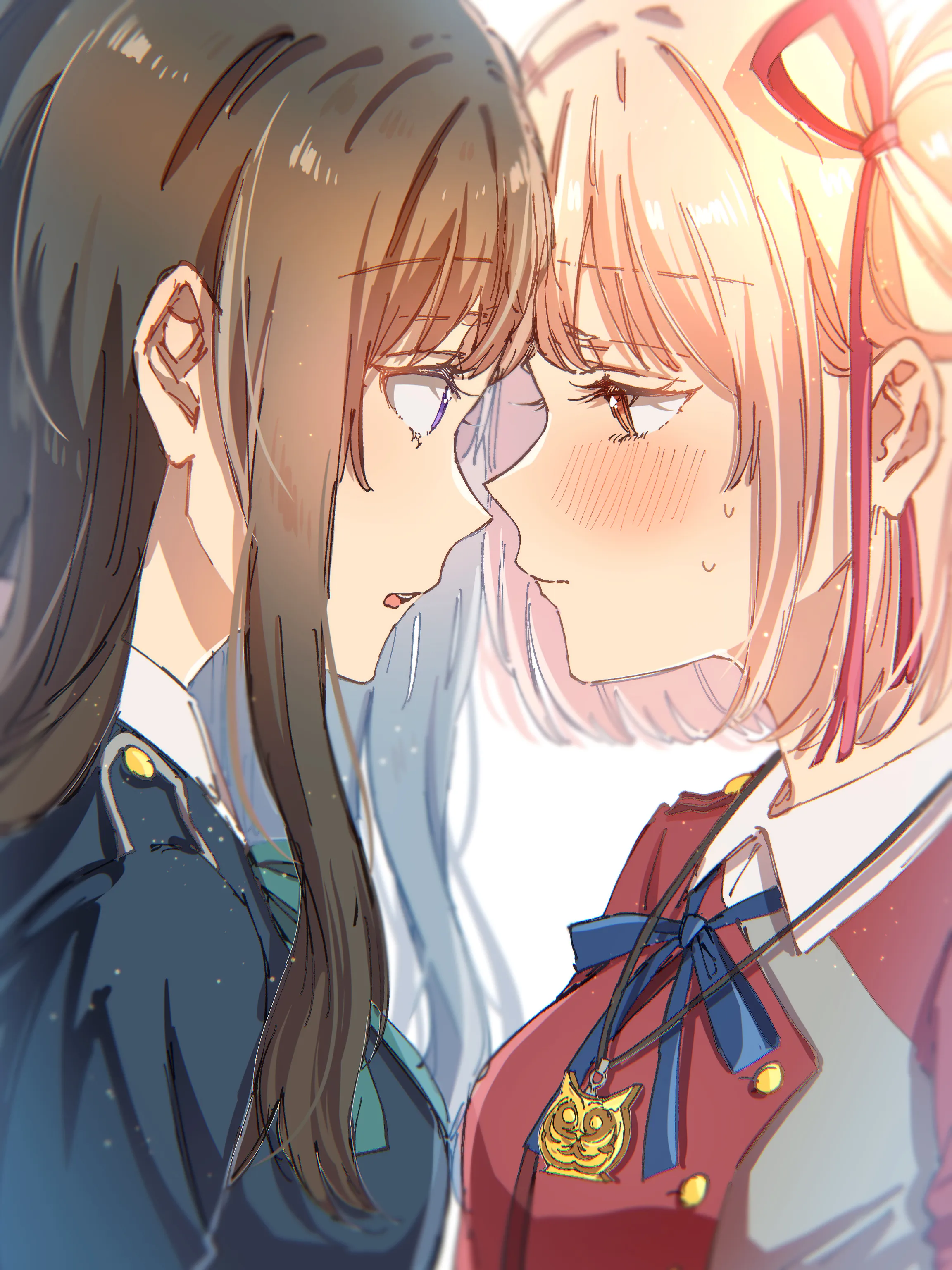 Anime girls standing together and watching each other