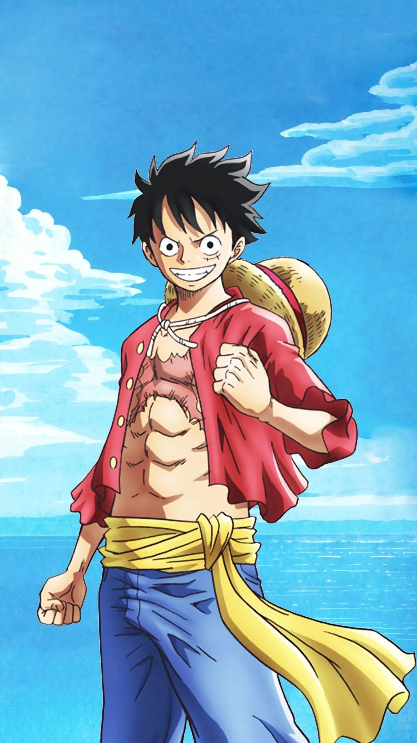 Anime Male Hero in Red Clothes Looking Determined with Sky