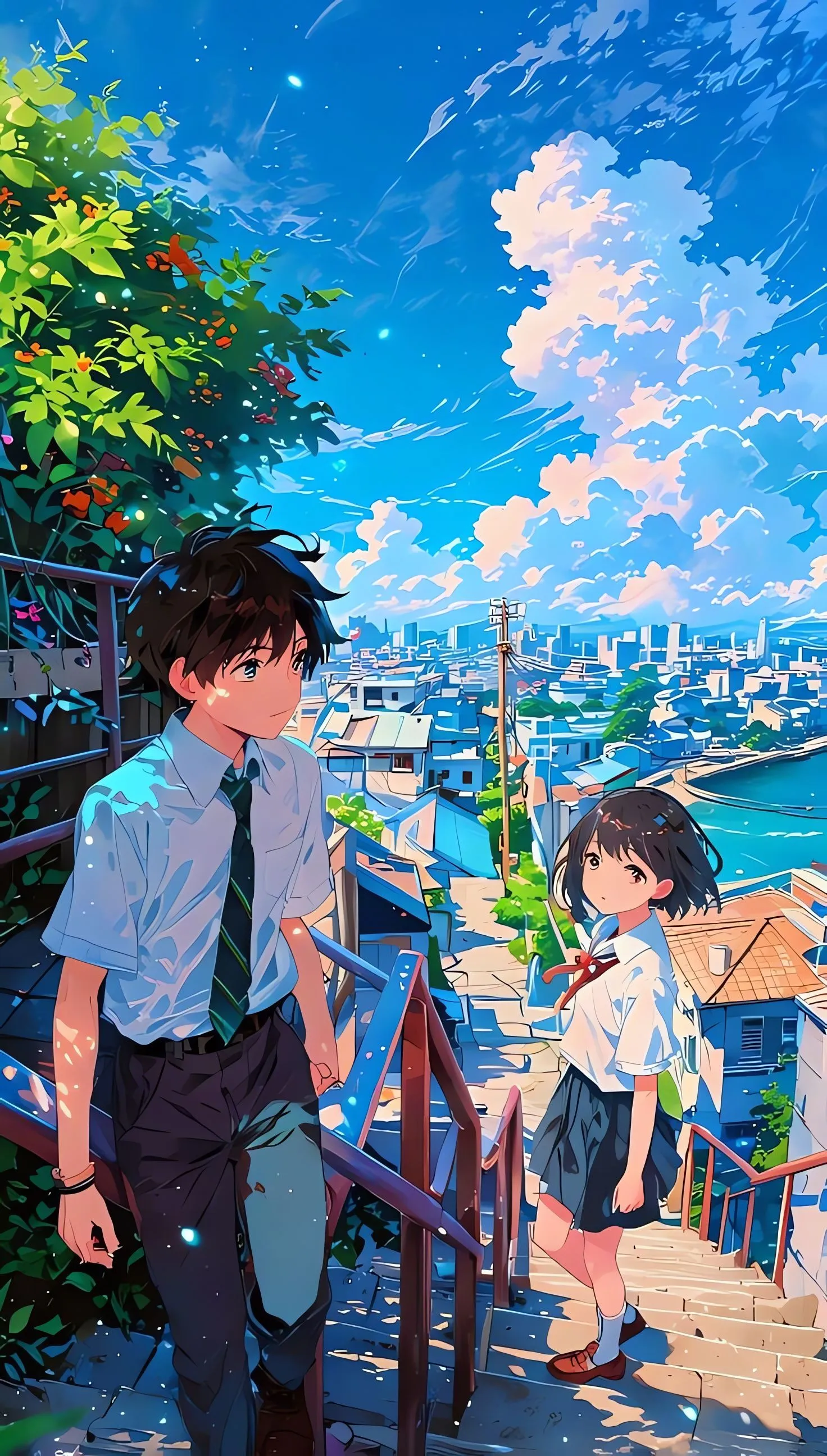 HD Anime in summar where two students standing on the steps