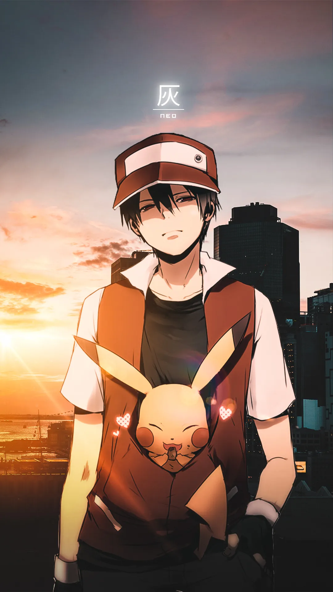 Anime artwork wallpaper of ash and pikachu in his pocket