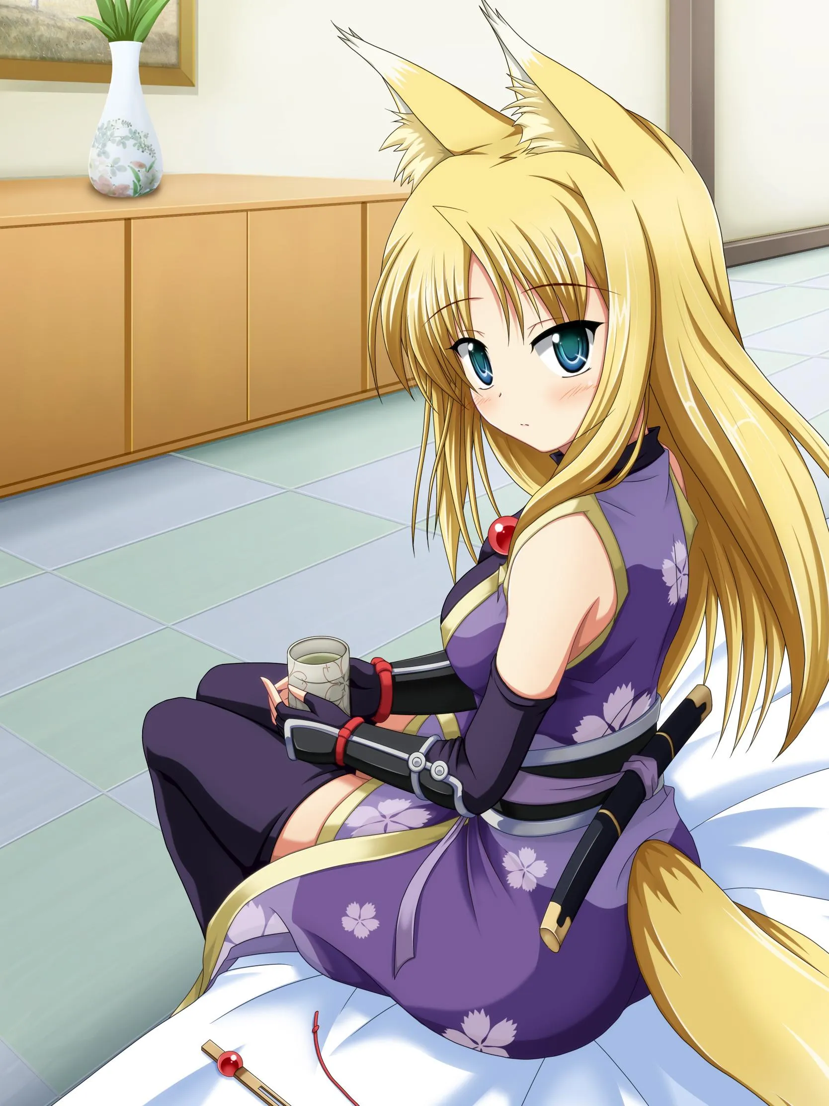 Blonde Anime Girl Sitting Calmly in Room Wallpaper