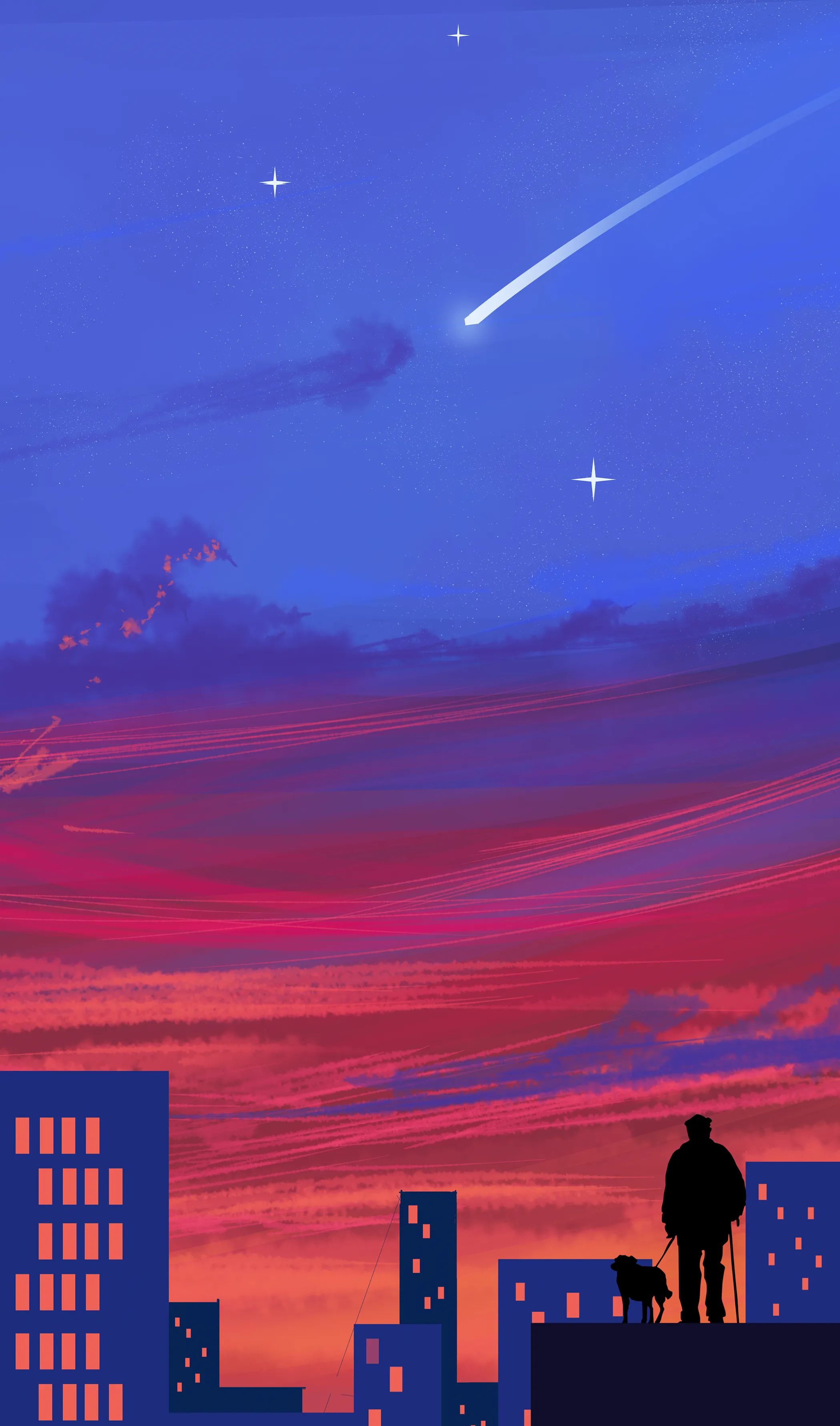 Boy and dog watching shooting star HD wallpaper for free