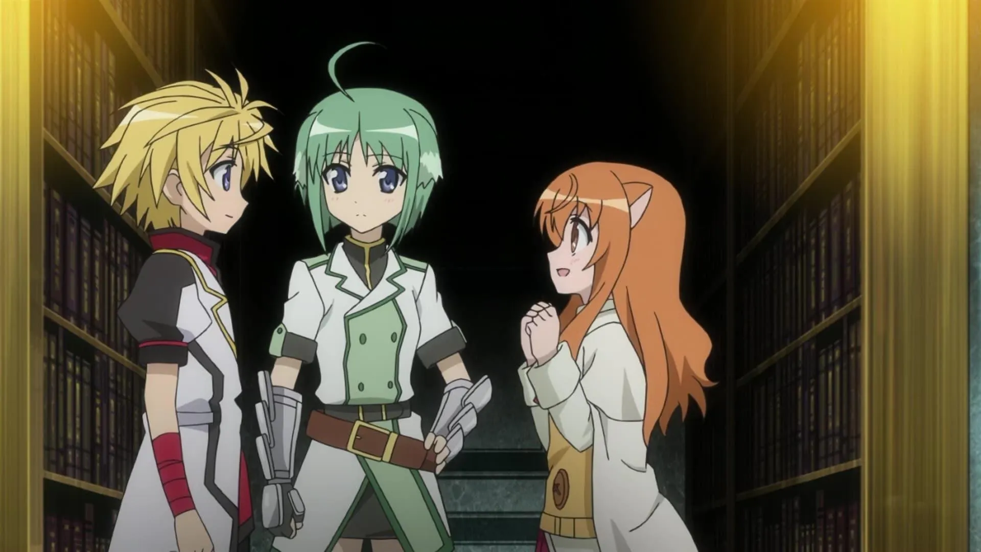 Characters Discussing in Dimly Lit Anime Scene Wallpaper