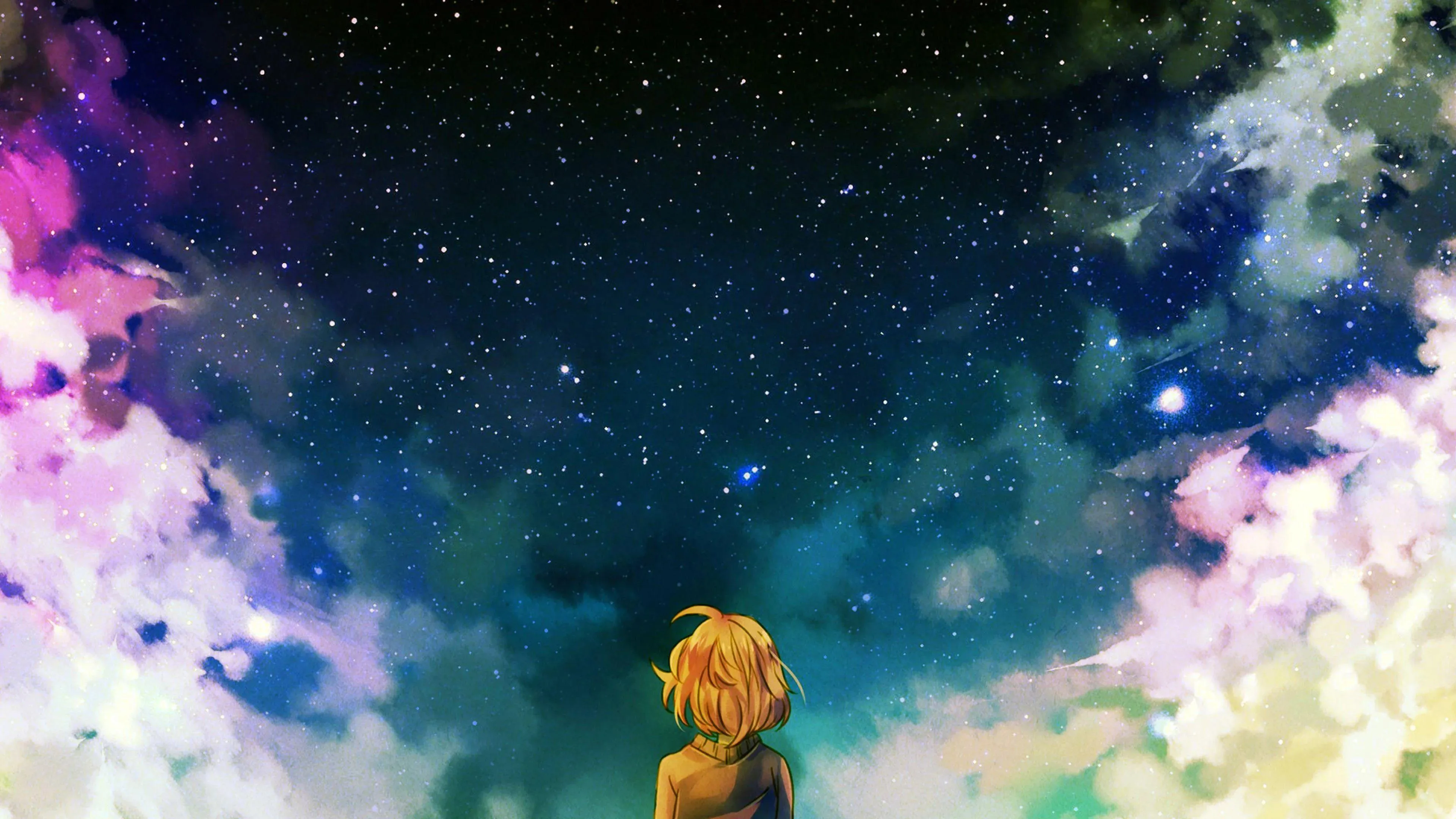 Child Watching Colorful Cosmic Galaxy in the Night Sky