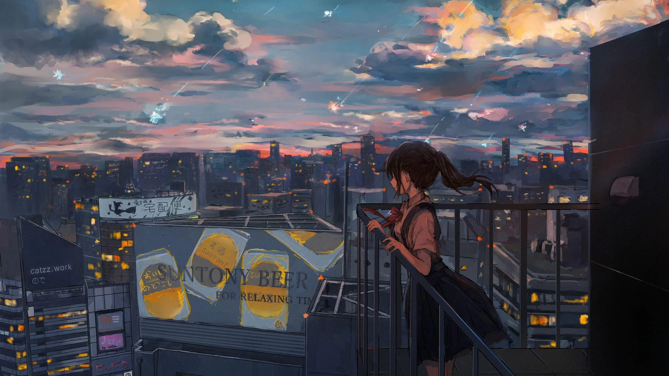 Clannad Cityscape Sunset from Rooftop with Tomoya Wallpaper
