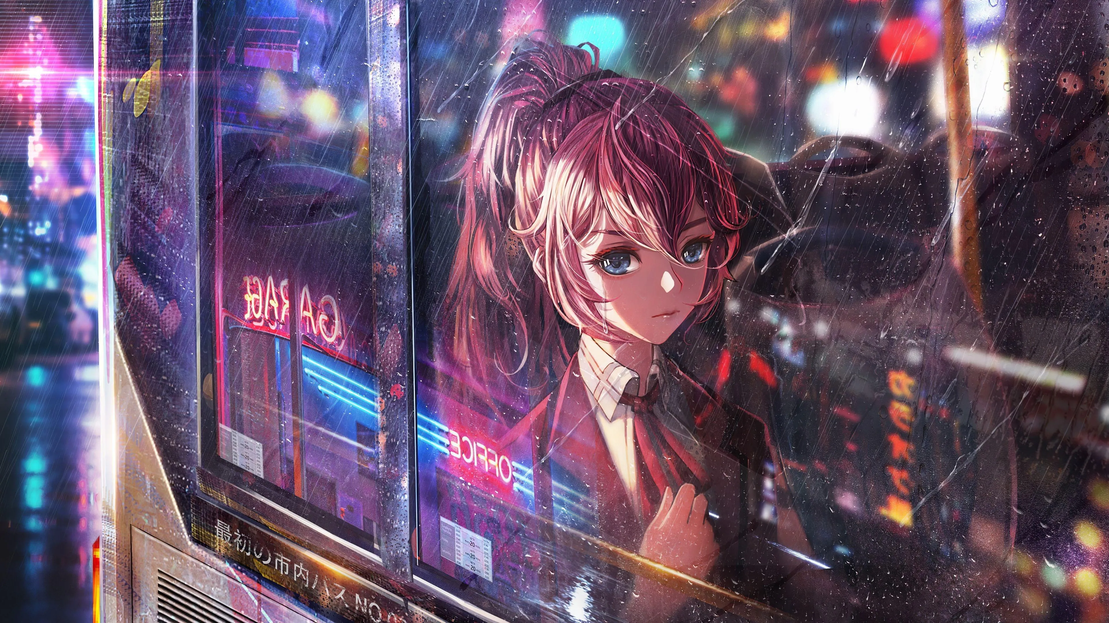 Close Up of PinkHaired Anime Girl in Neon Lit Street