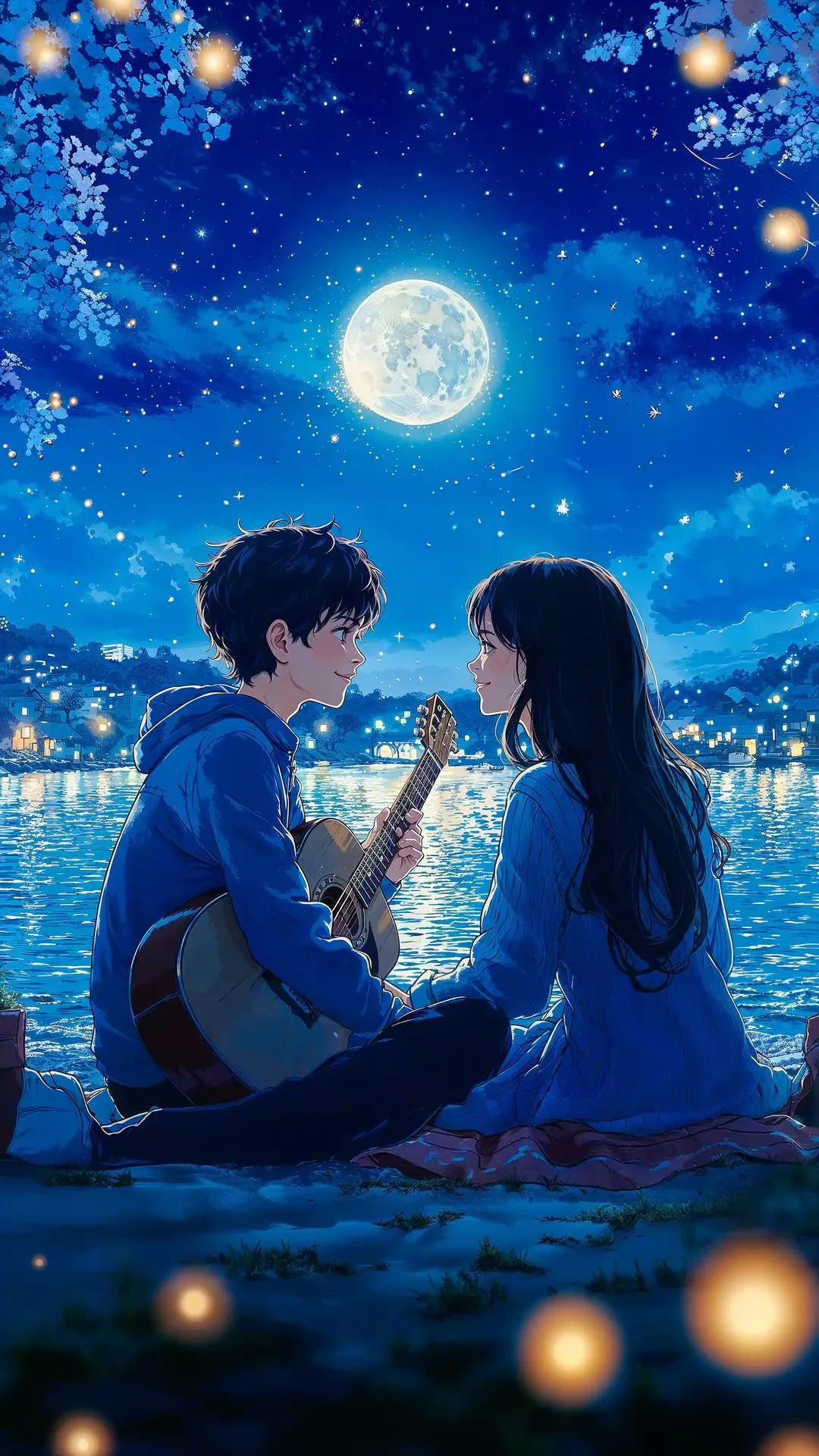 couples sitting nearby river under full moon hd wallpaper