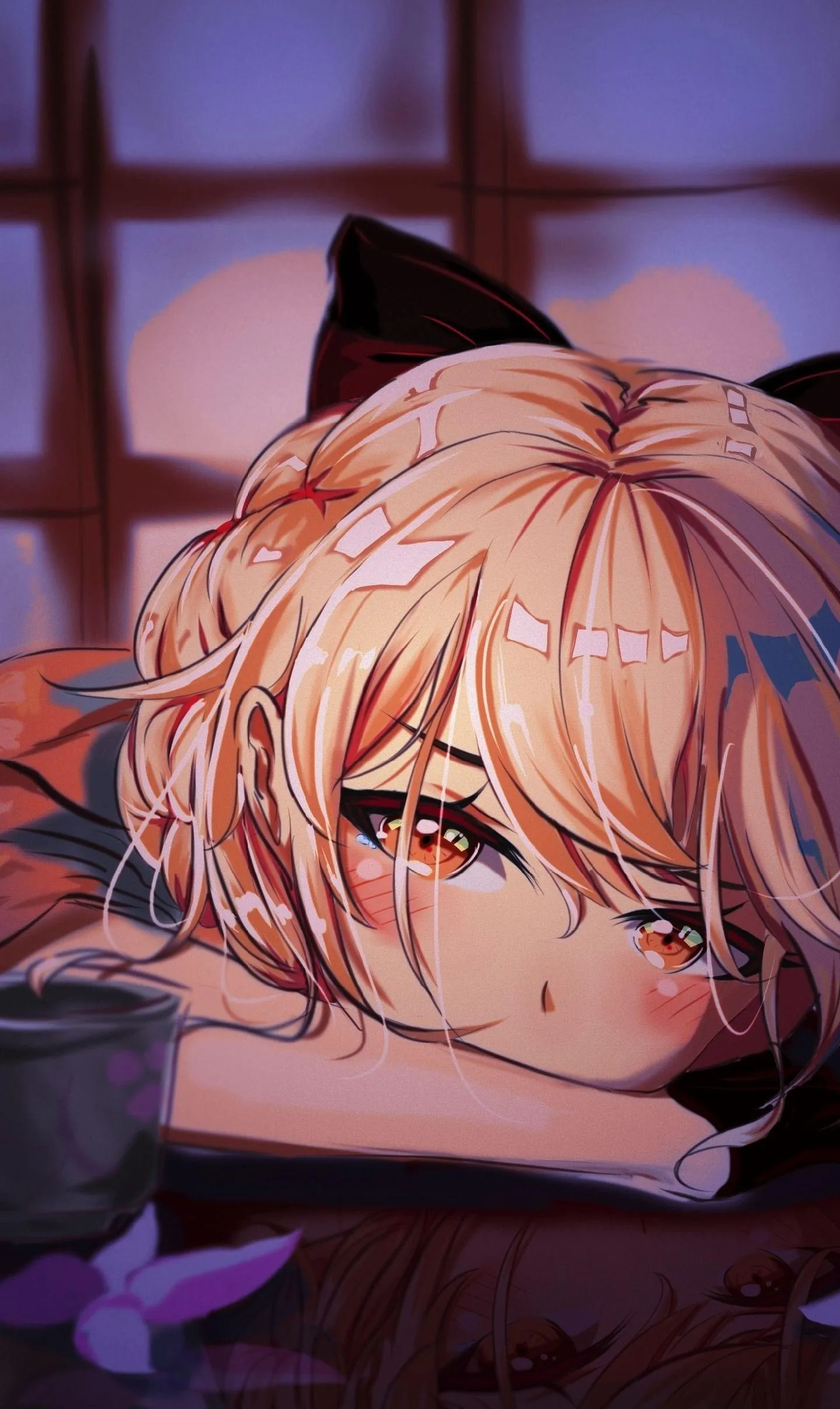 Cute Anime Cat Girl Smiling in Warm Setting Wallpaper