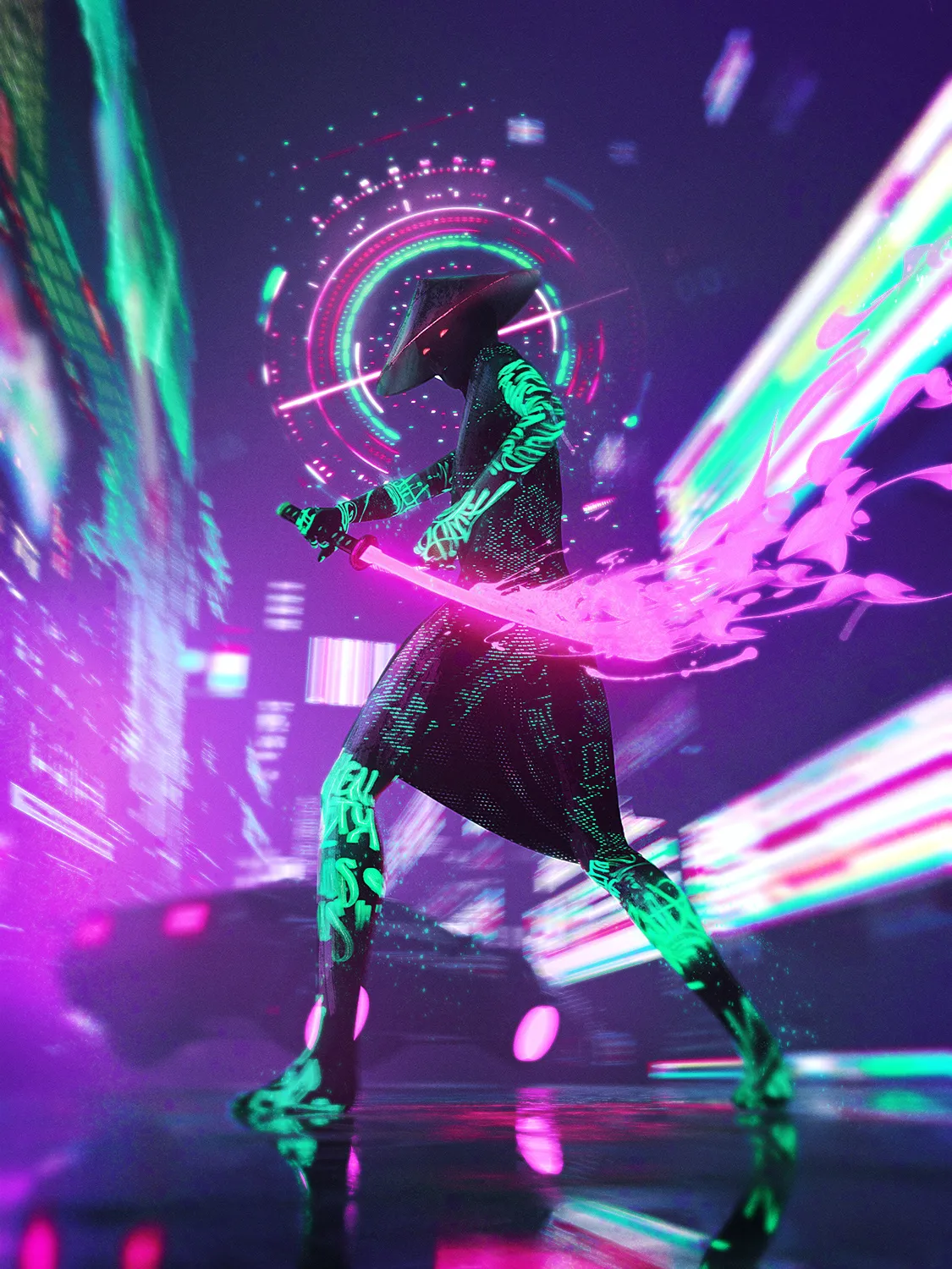 Cyber Samurai Warrior in Neon City Hd Wallpaper