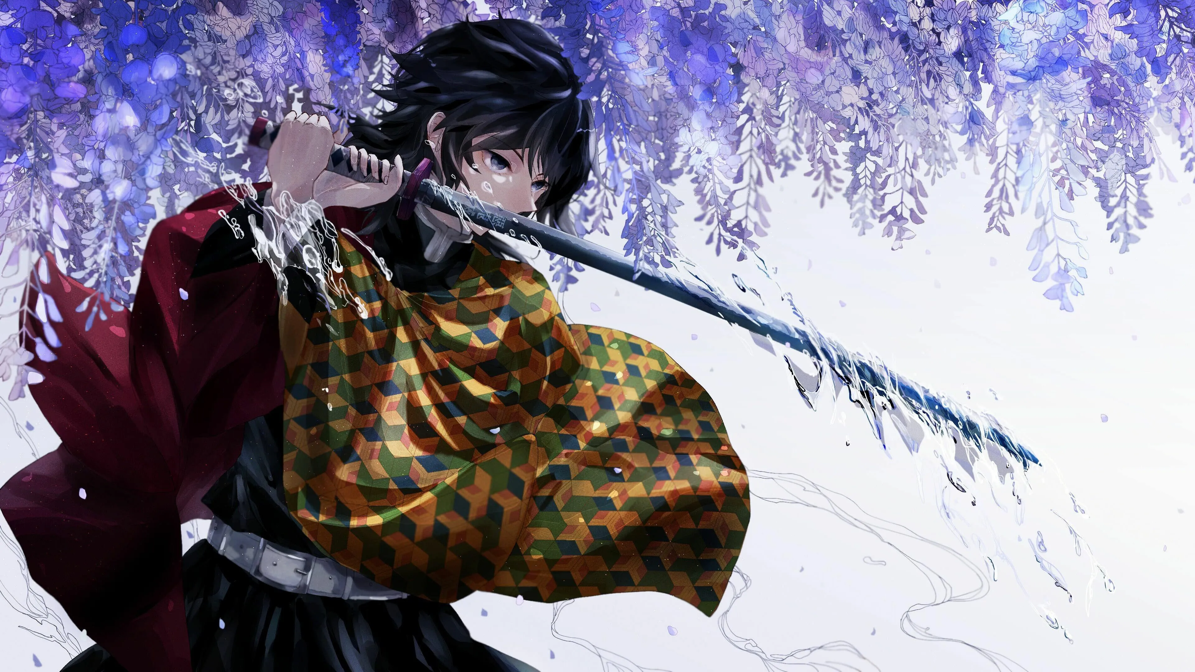 Dark Anime Warrior Sitting Under Purple Wisteria Tree