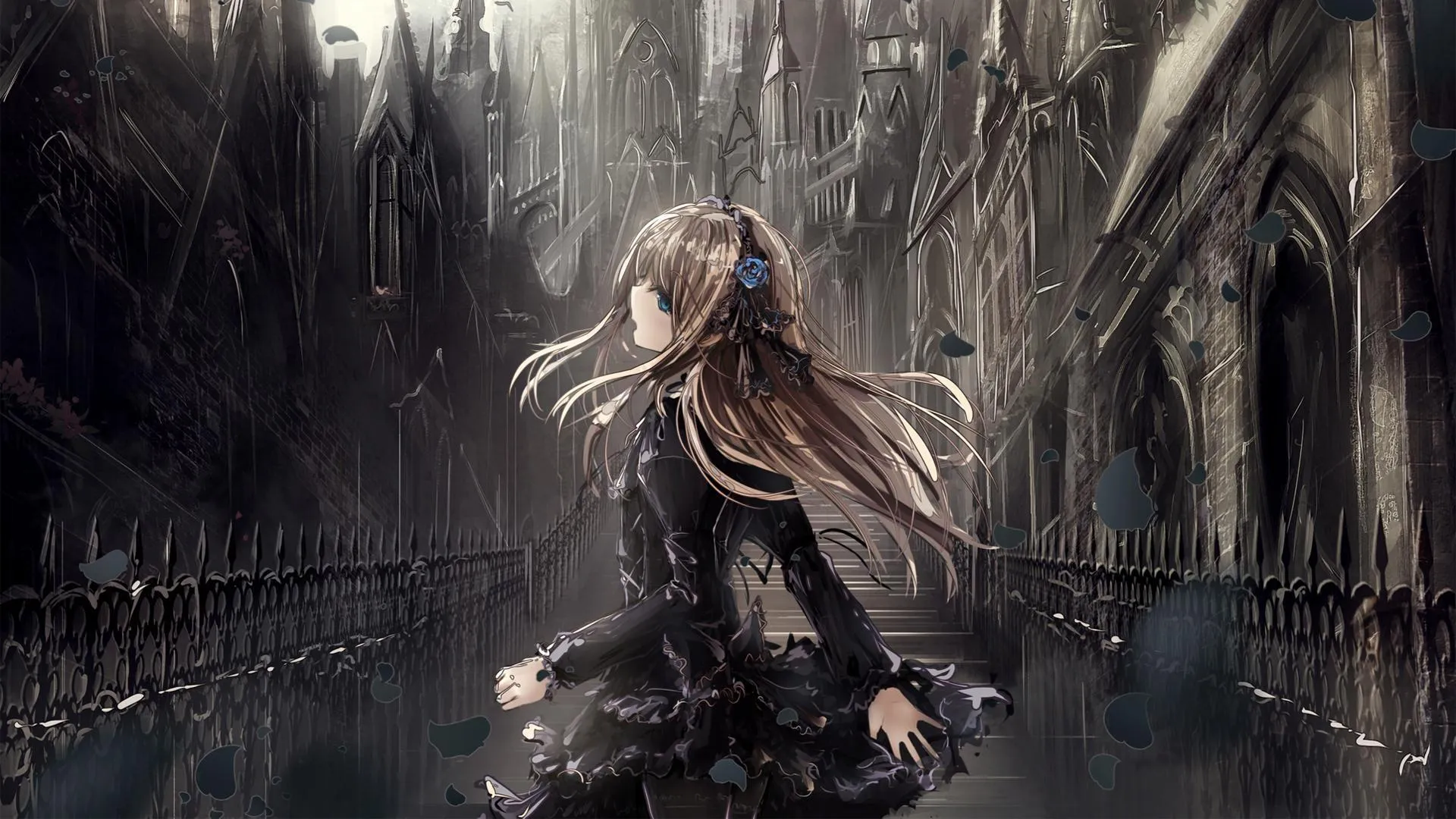 Dark Gothic Anime Character in Mysterious Urban Environment